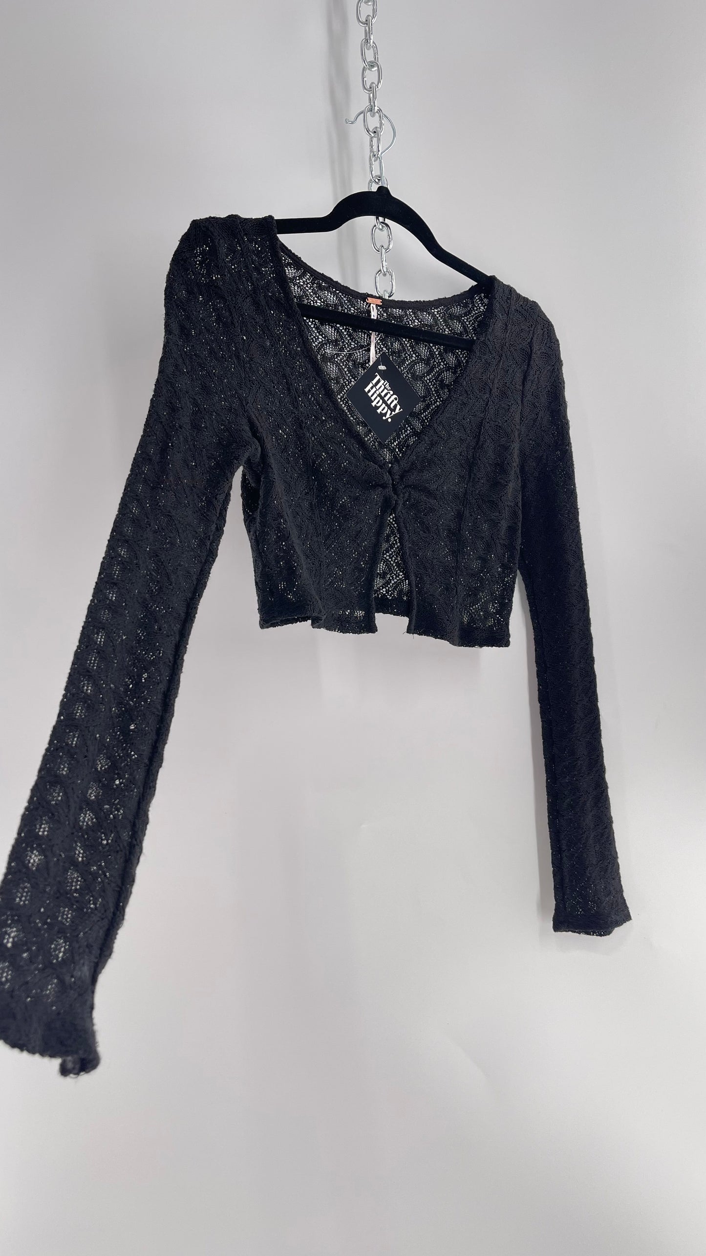 Free People Black Knit Lace/Crochet Like Cropped Long Sleeve with Metal Buckle Bust (Medium)