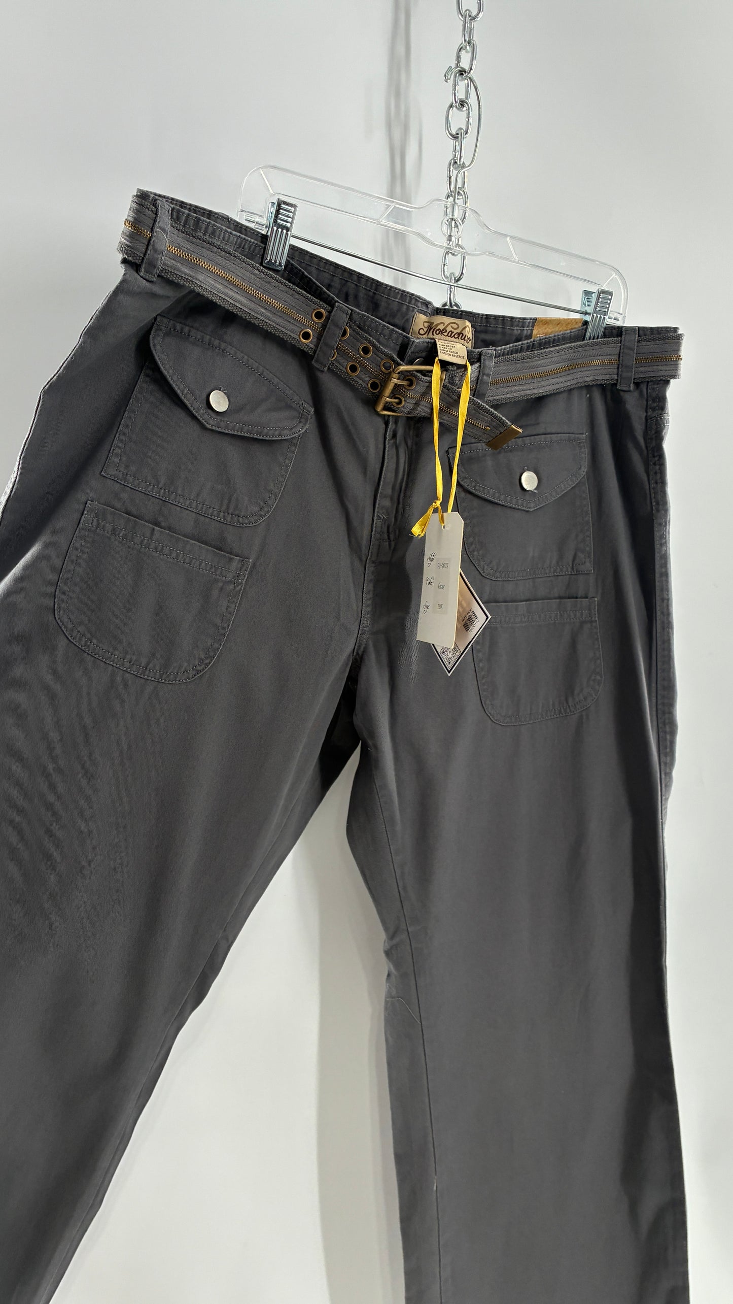 Deadstock Vintage MOKACHINO Grey Low Rise Kick Flares with Zipper Belt and Hip Pockets (18X)