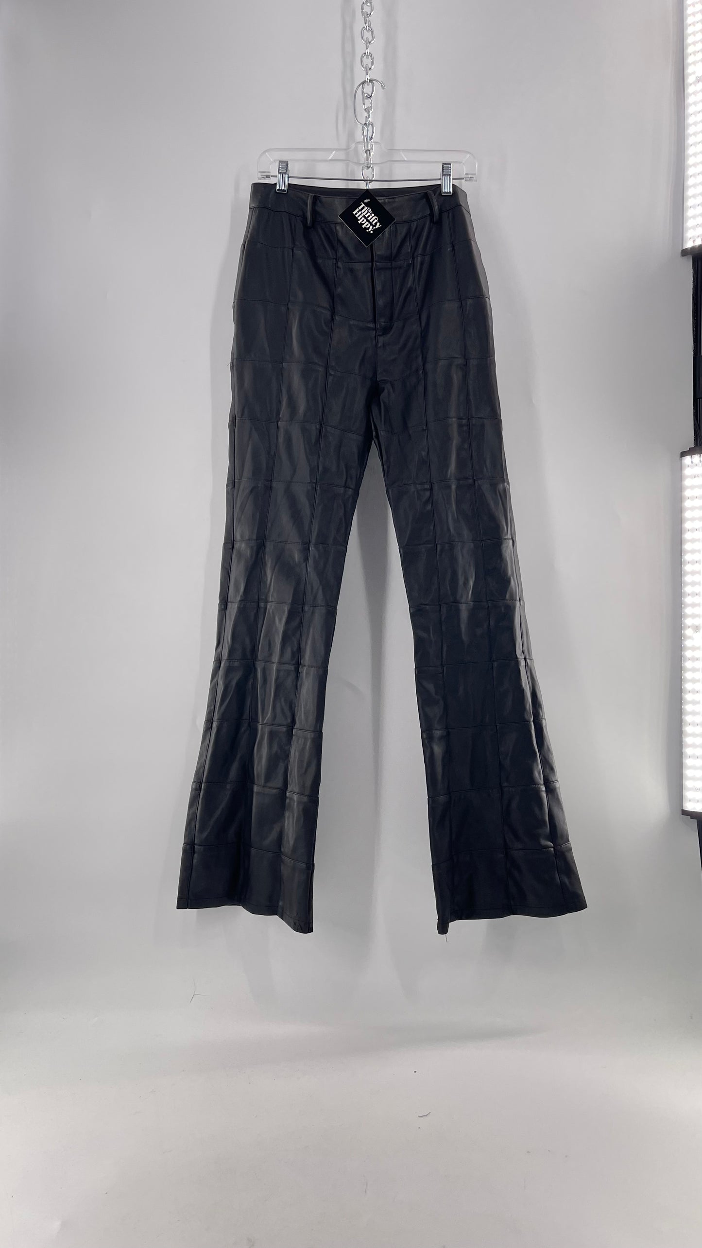 MOTEL Black Faux Leather Checkered Kick Flares (XL)