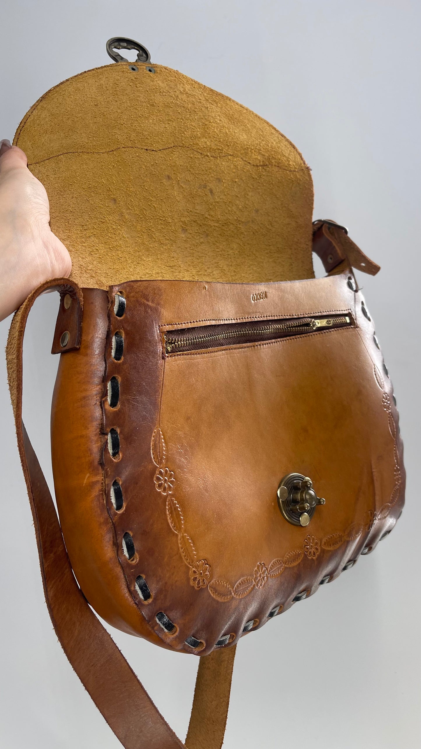 Vintage 1970s Mexico Leather Saddle Bag with Engravings, Stitching and Turnstile Closure