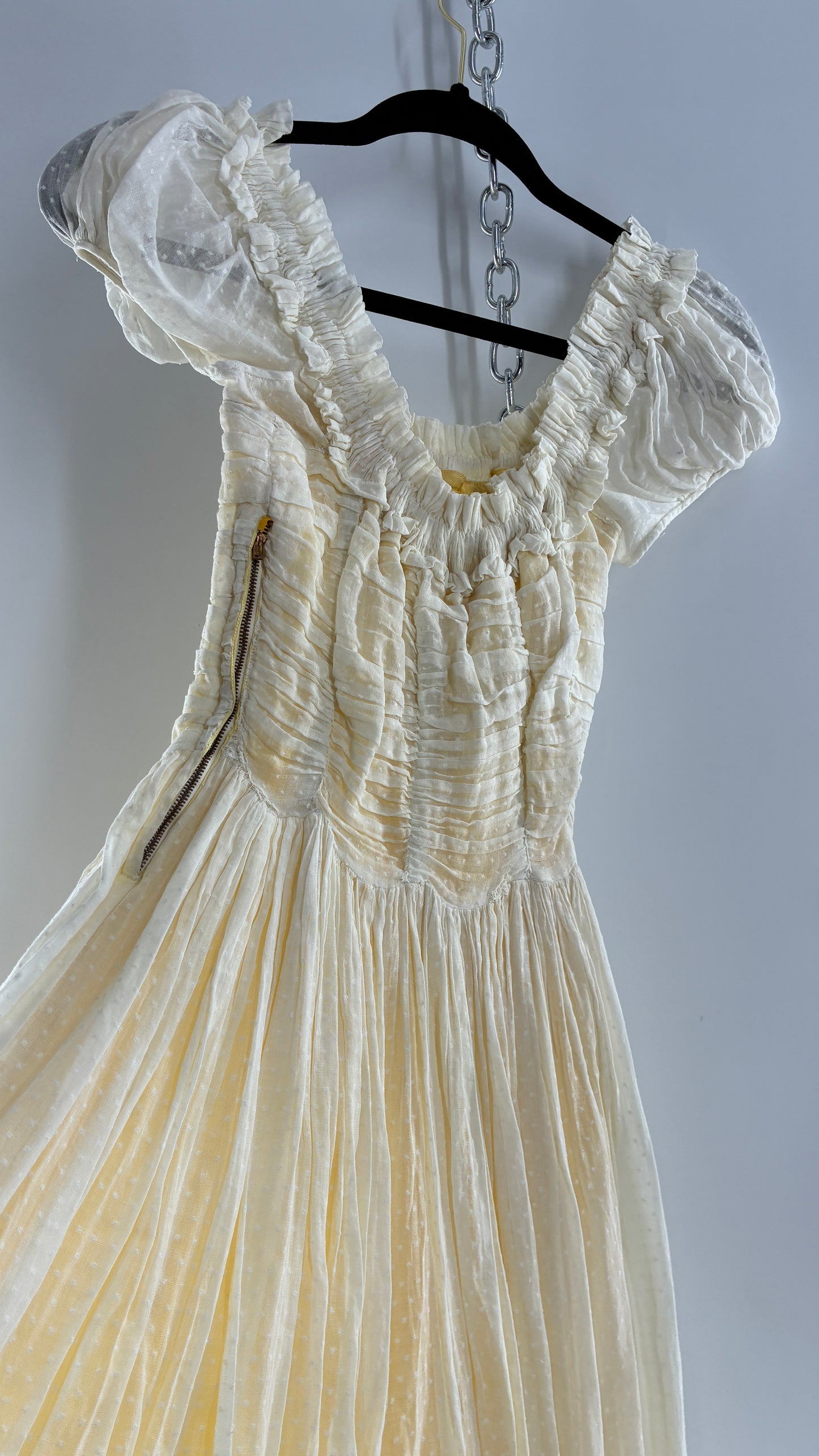 Vintage 1970s Off White Cotton Handmade Maxi Dress with Ruched Bodice, Puff Sleeves, and Polka Dot Texture (XS/S)