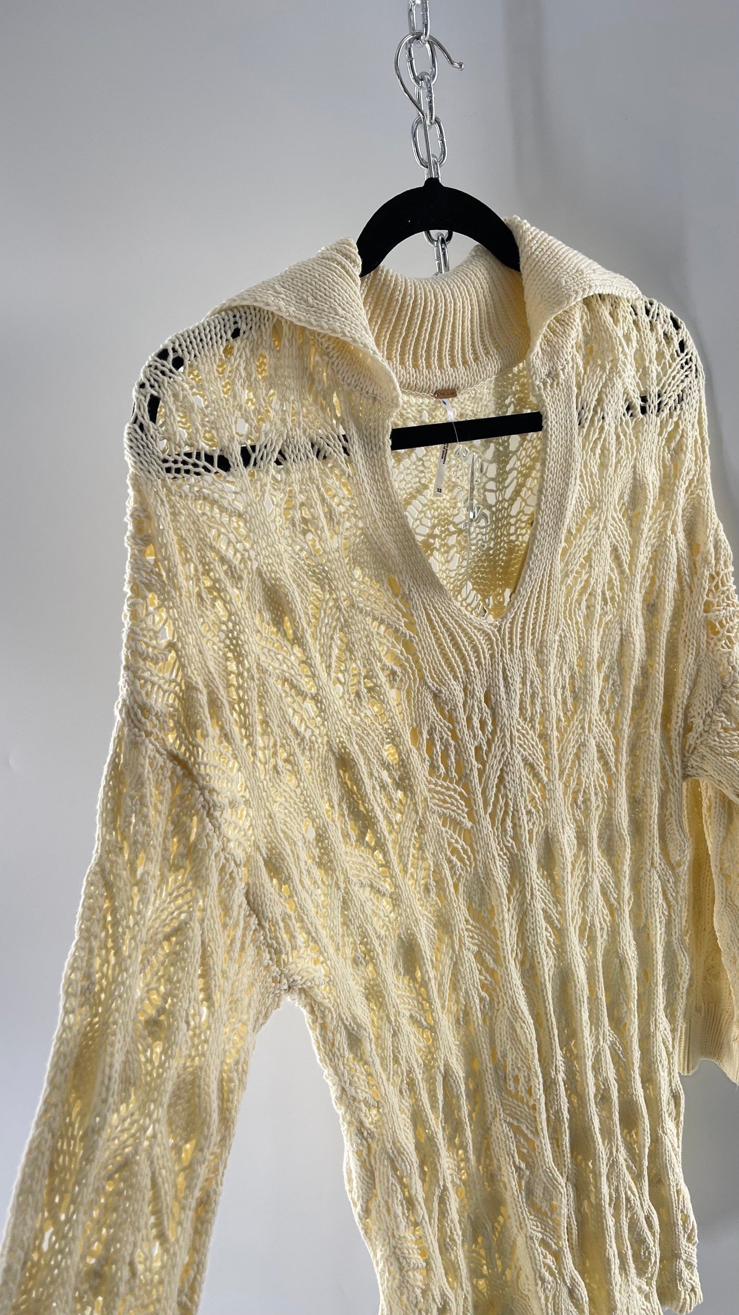 Free People Baby Yellow Comfy n Cozy Open Stitch Knit Sweater Dress (M)