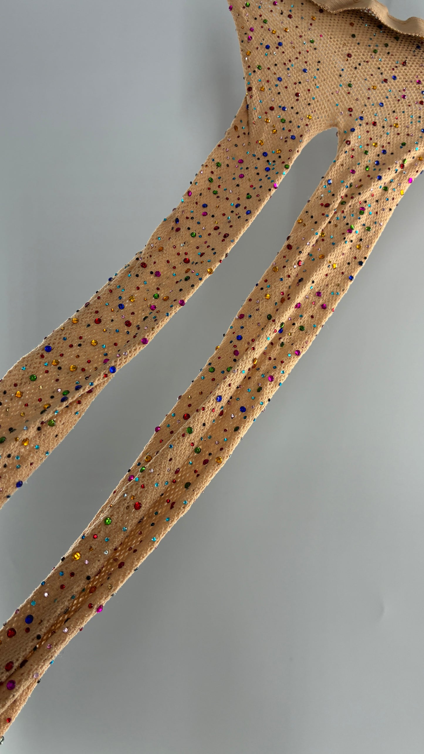 Beige Mesh Tights with All-Over Multicolored Rhinestones