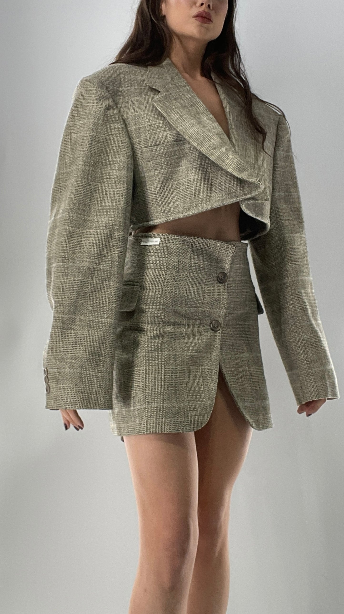 Vintage HAGGAR Handmade Upcycled Suit Set: 70% Wool Grey Blazer and Mini Skirt