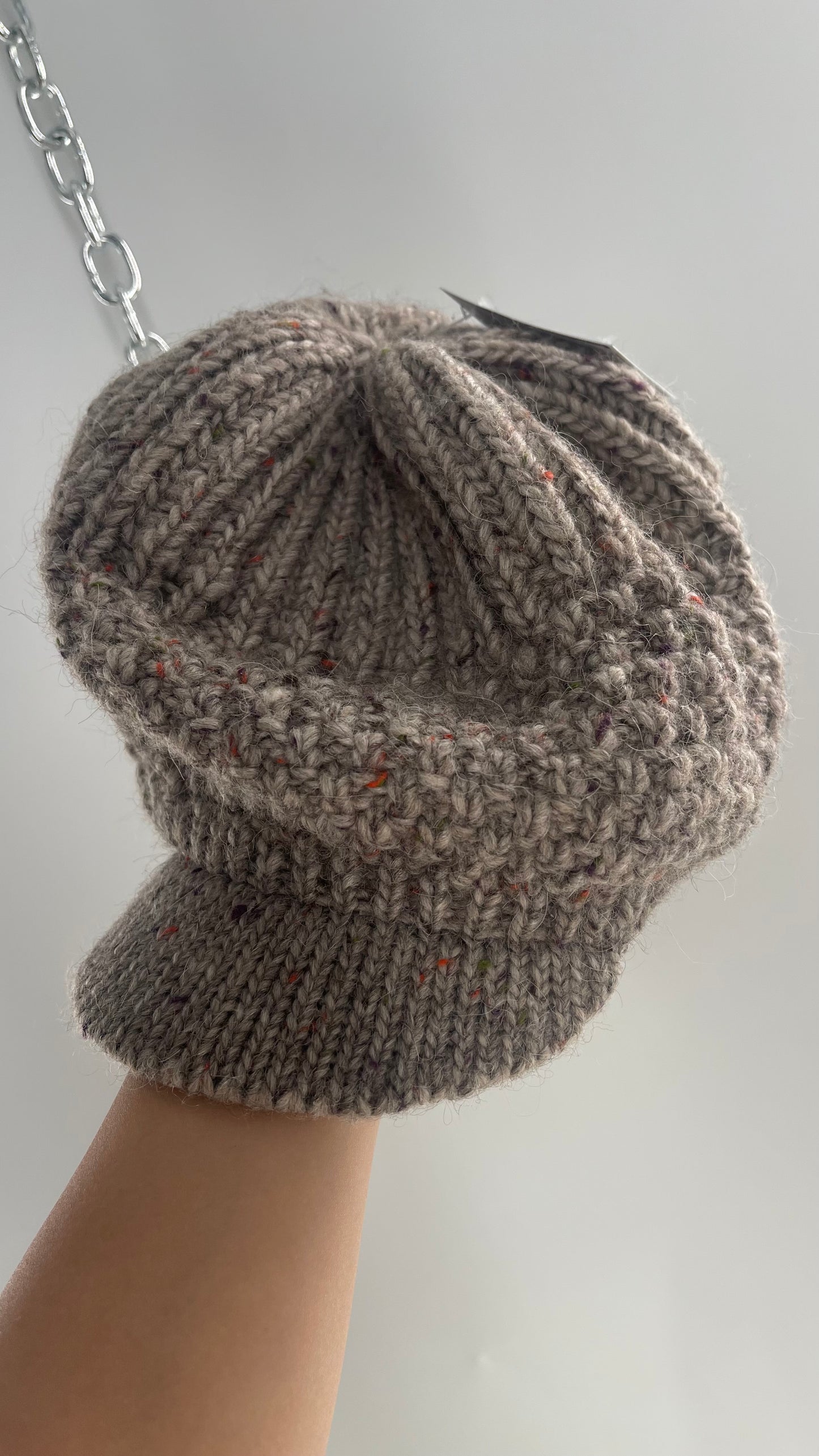 Vintage Tan Knit Slouchy Newsboy Cap Beanie with Brim