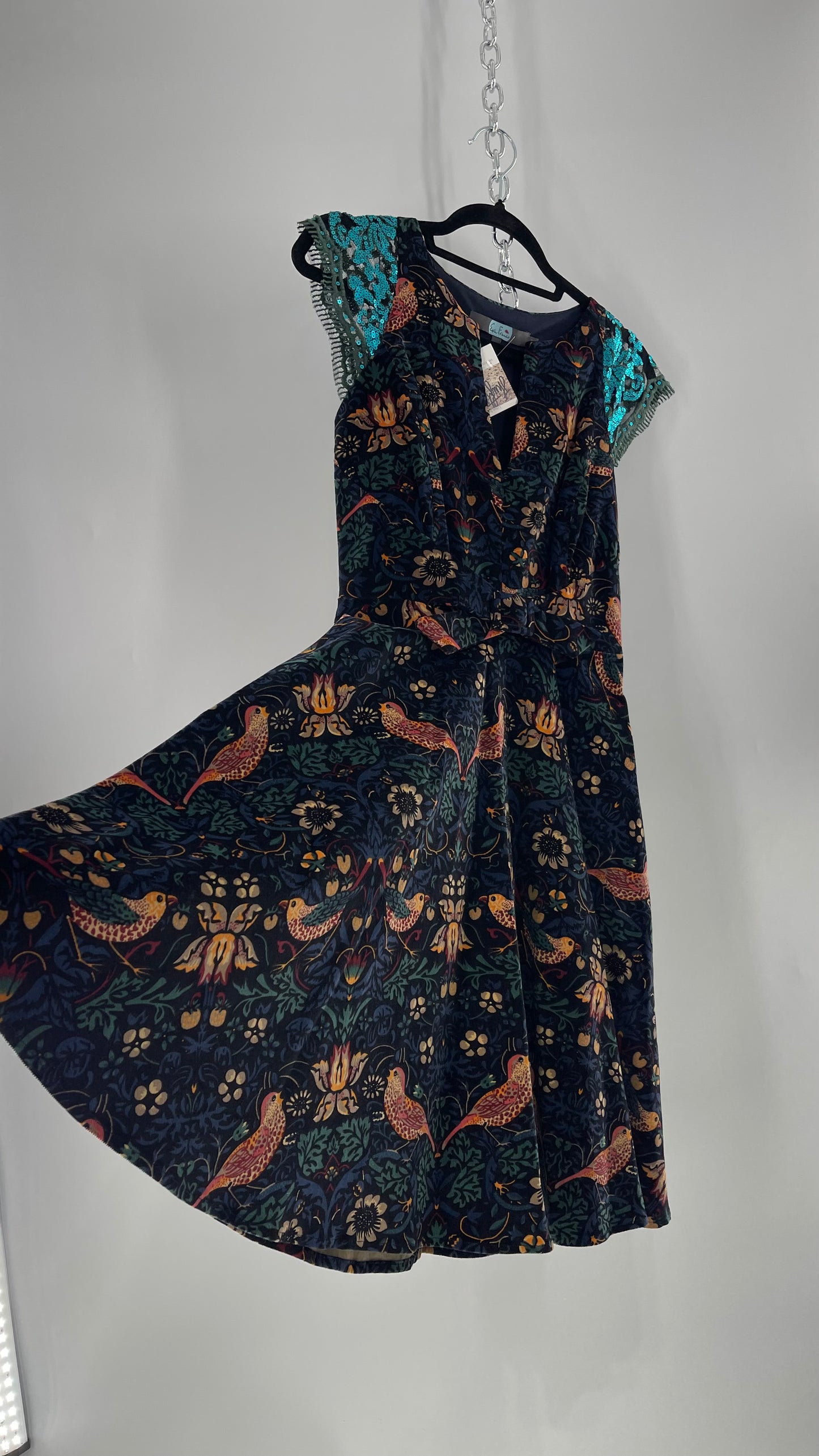Anthropologie Eva Franco Corduroy Floral Bird Tapestry Print Dress with Sequin Cap Sleeves (4)