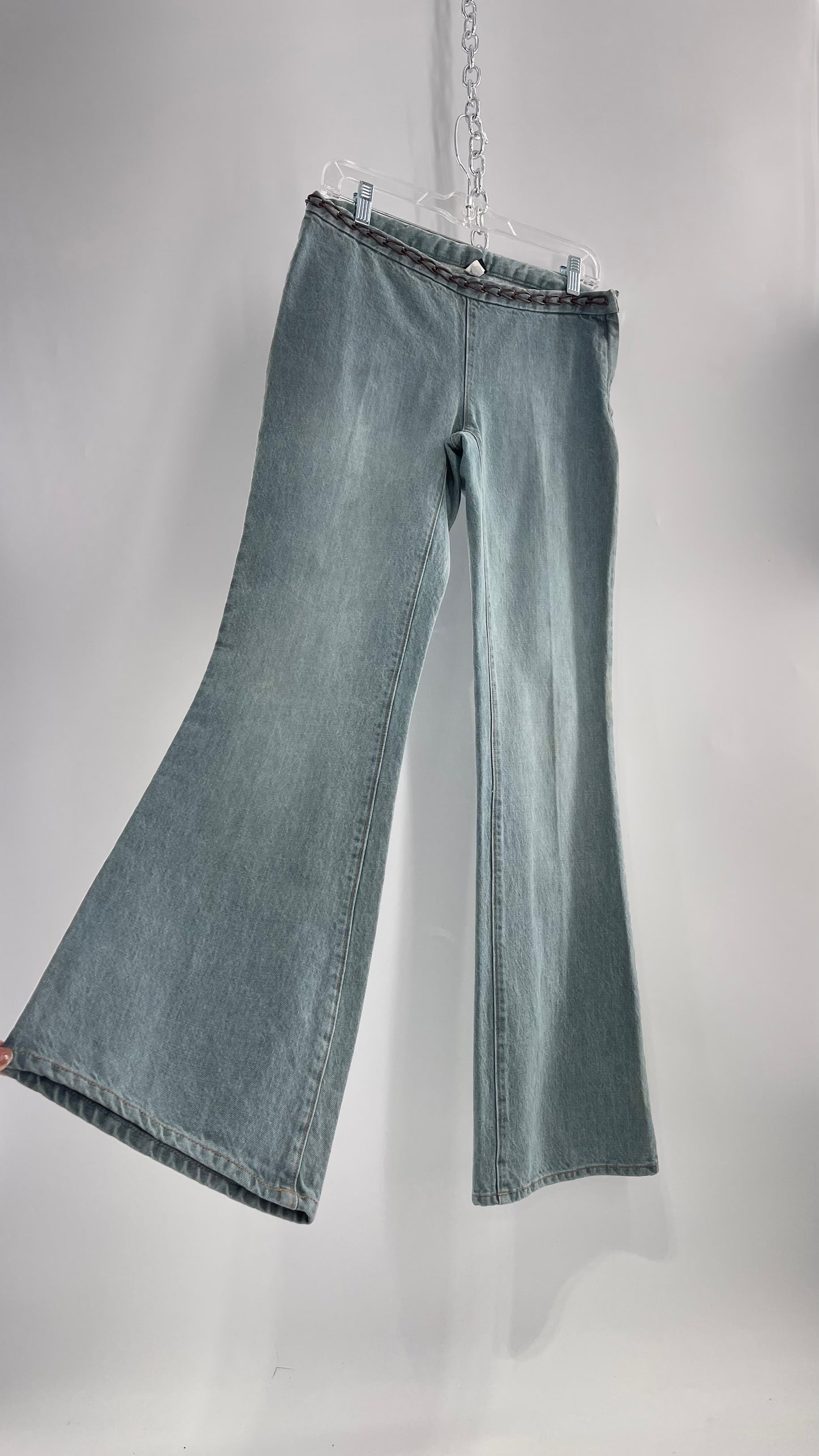 Vintage GAP Light Wash Denim Kick Flares with Bronze Chain Link Waistline (2)