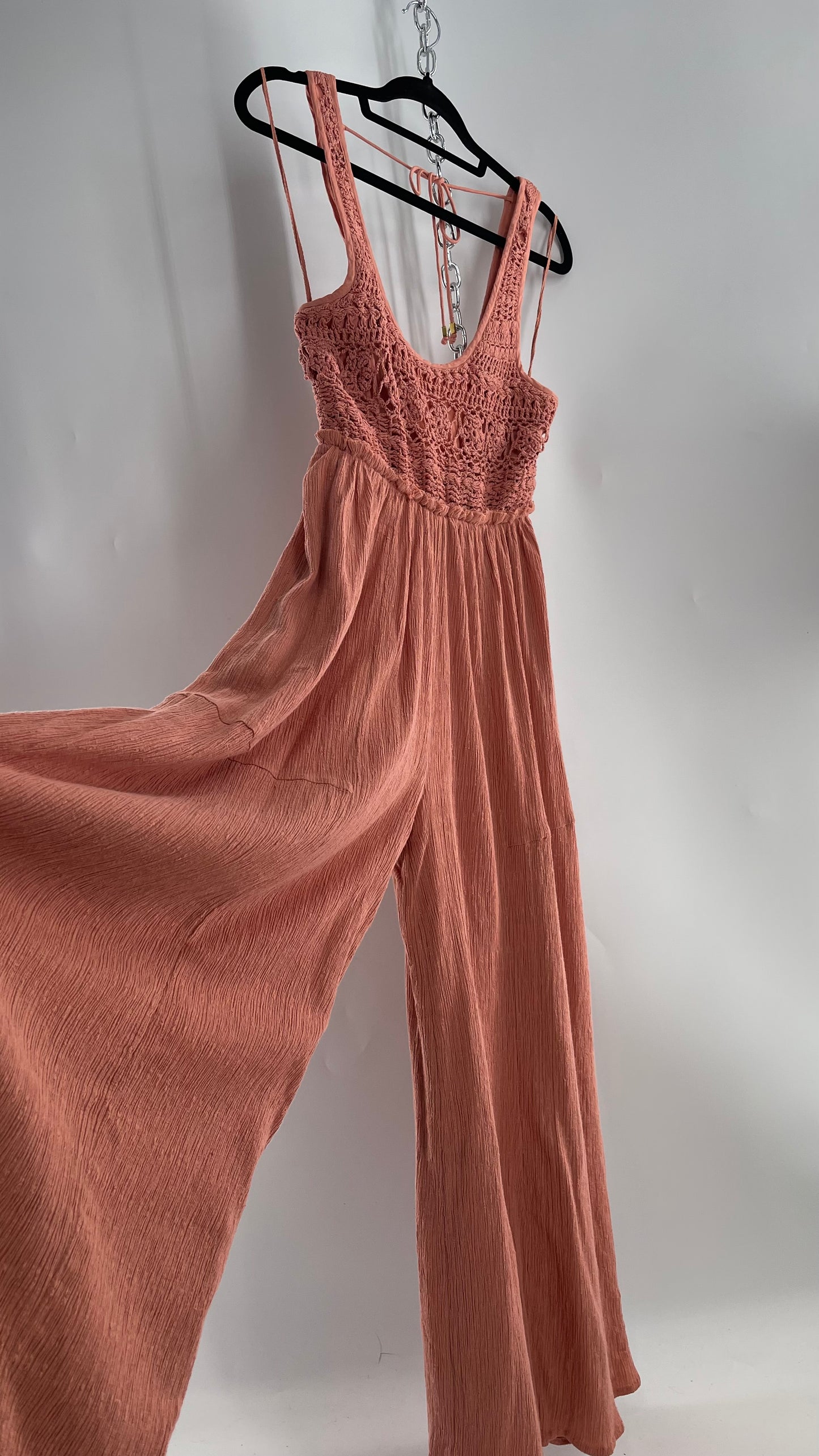 Free People Rose/Peach Pink Wide Leg Jumpsuit with Crochet Bust and Tags Attached (XS)