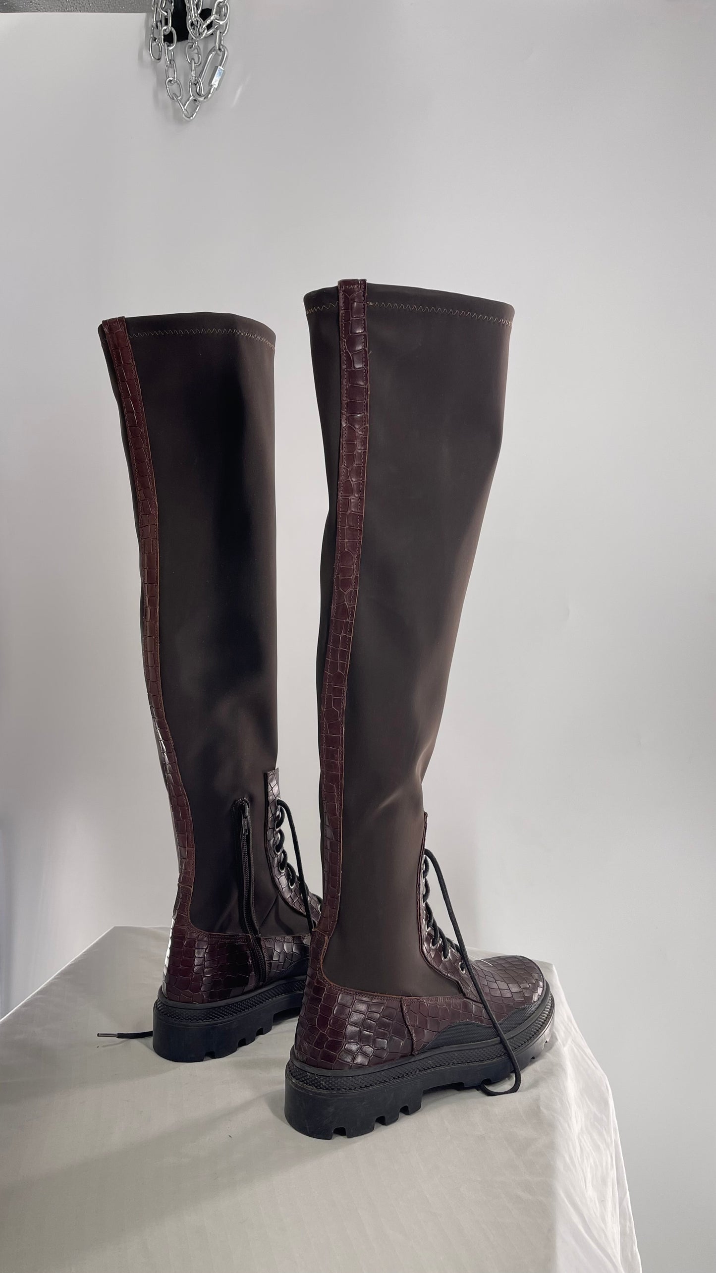 Free People Dark Brown Riding Style Embossed Knee High Platform Boots (39)