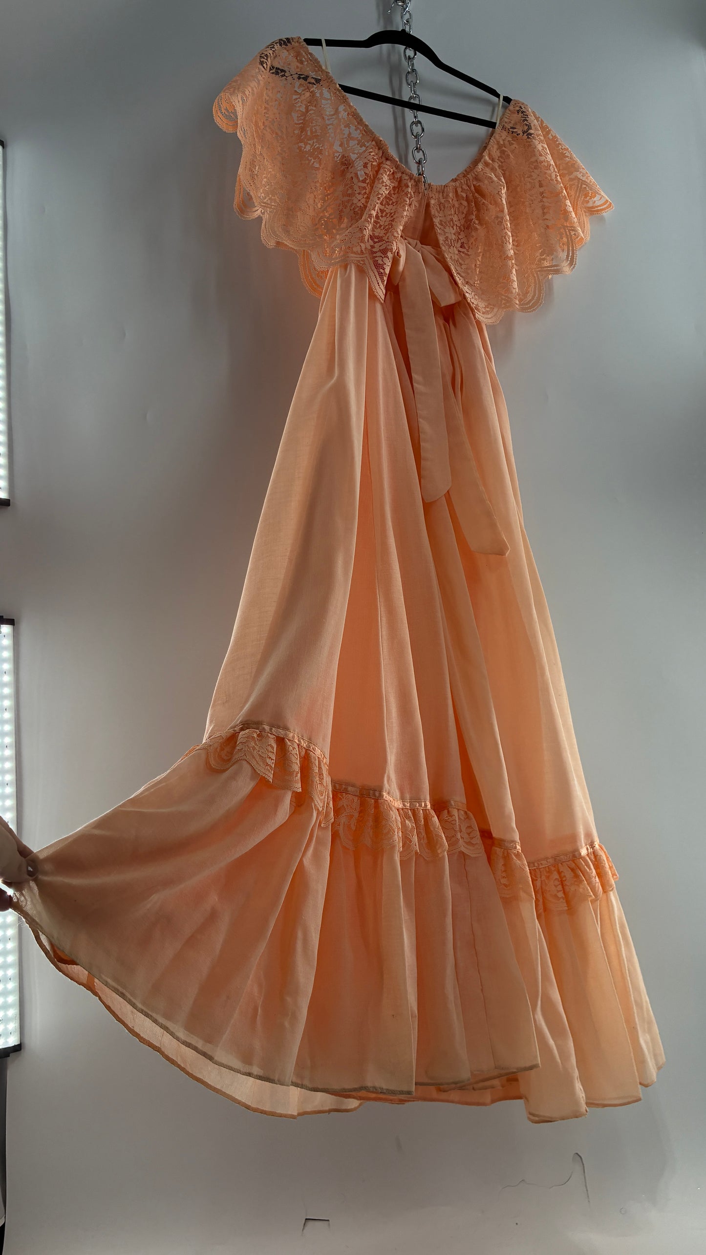 Vintage 1960s Ruffled Off the Shoulder Peach Full Length Voluminous Gown with Tie Back (9/10)