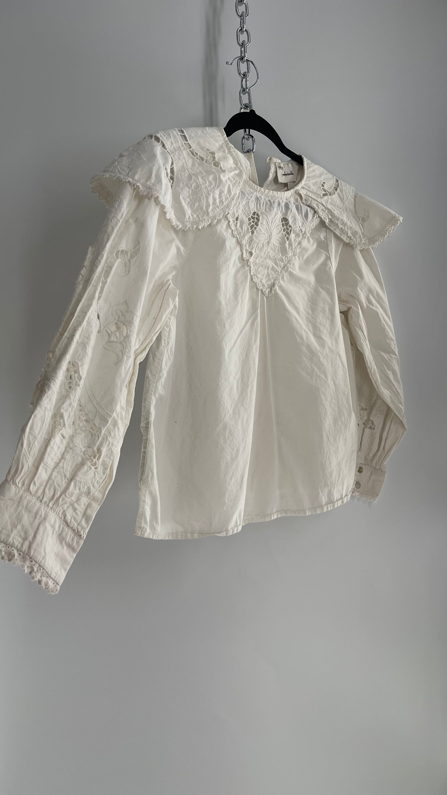 CLEOBELLA White Cotton Prairie Blouse with Lace Balloon Sleeves and Collar (Small)