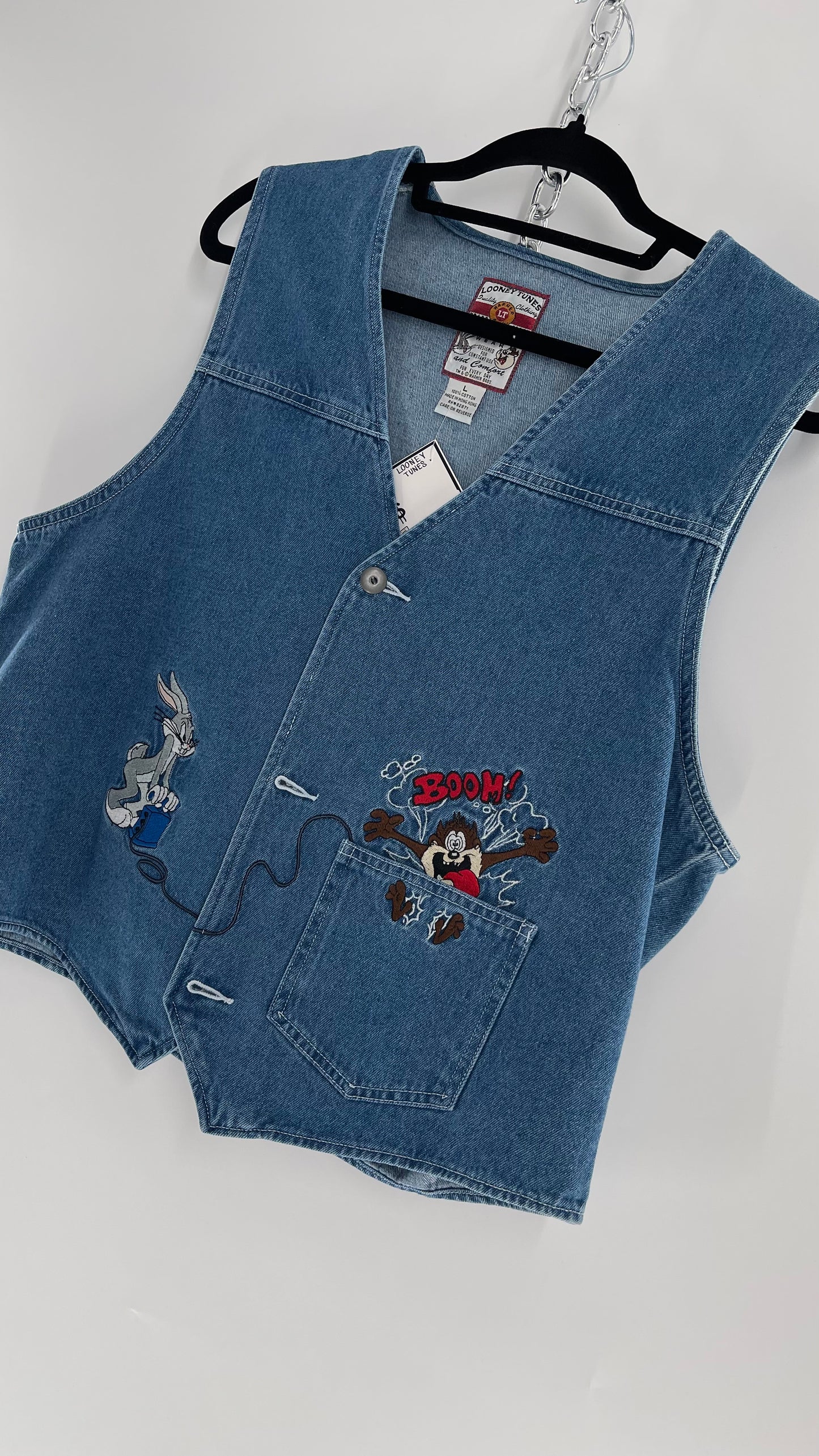 Vintage Looney Tunes Denim Vest with Embroidered Characters (Large)