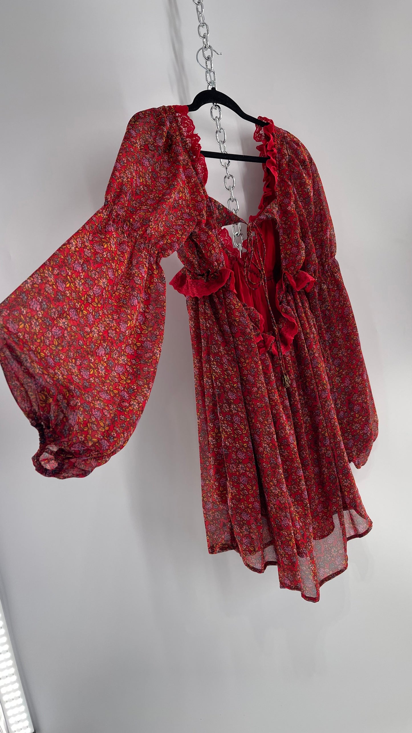 Free People Red Floral Mini Dress with Lace Trim, Open Back and Balloon Sleeves (Small)