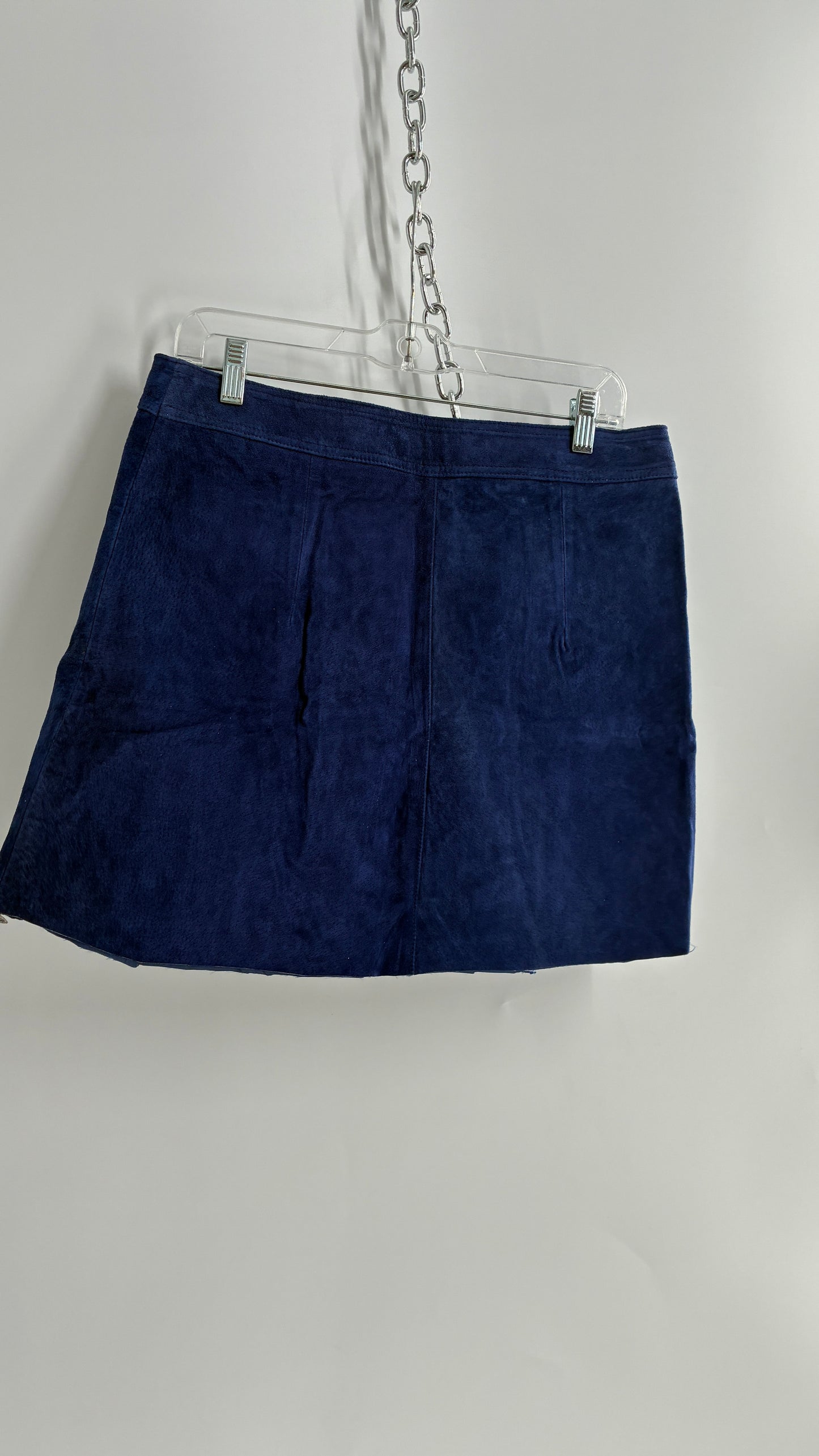 Anthropologie Royal Blue Suede Leather Button Front Skirt with Pocket Details and Vintage Stitching (12P)