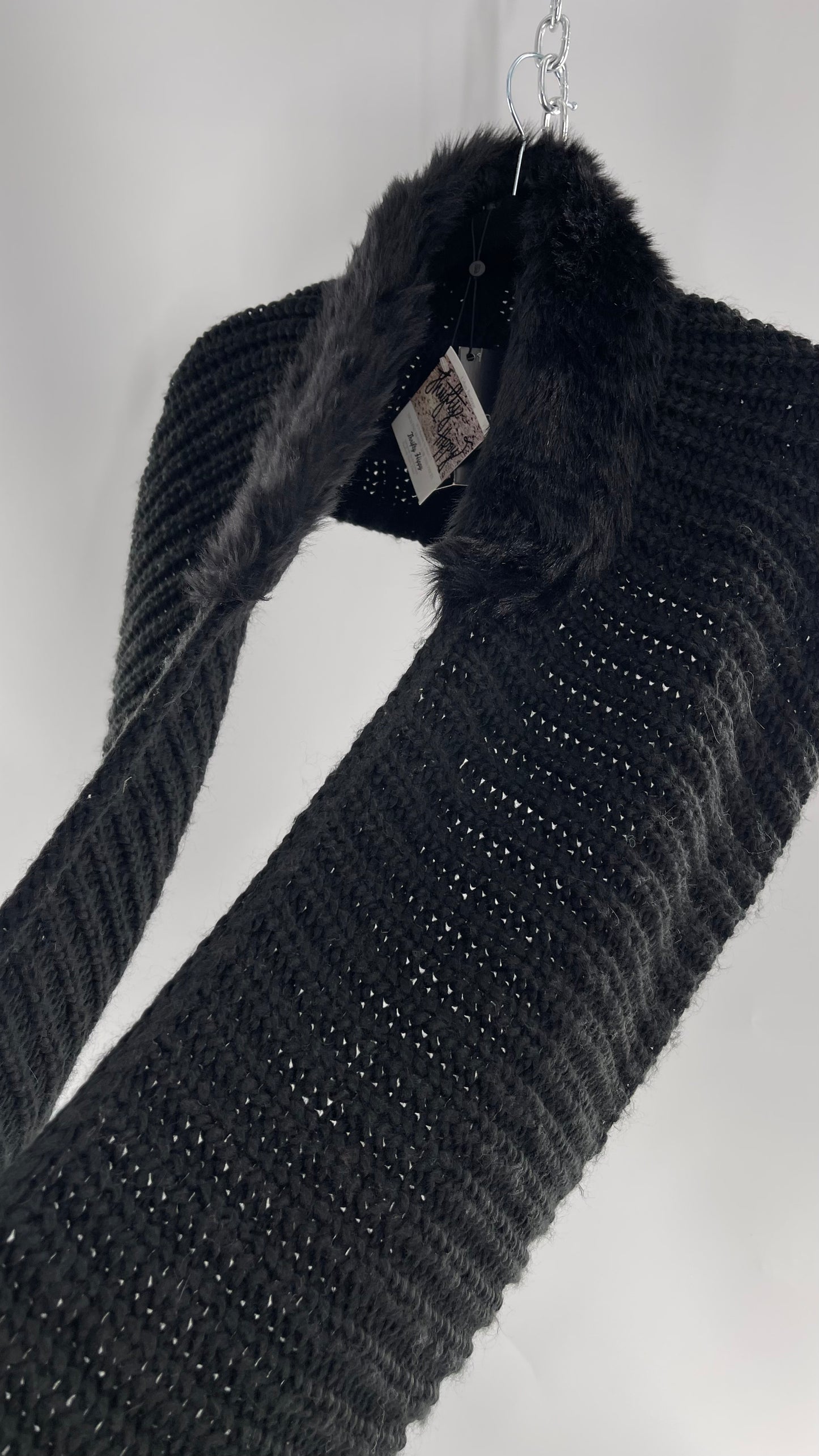Comma Black Knit Infinity Scarf with Fur Trim Collar and Tags Attached