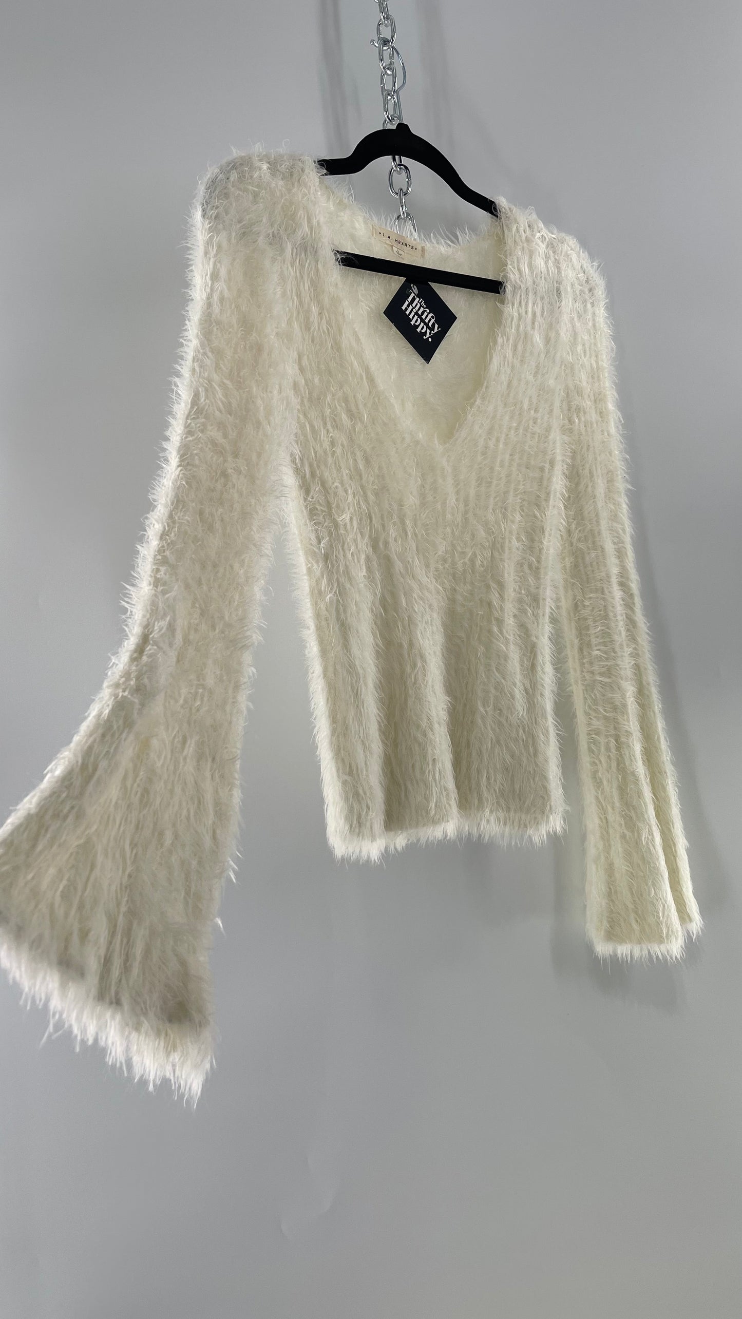 LA Hearts White Fuzzy Bell Sleeve V Neck Sweater (Large)