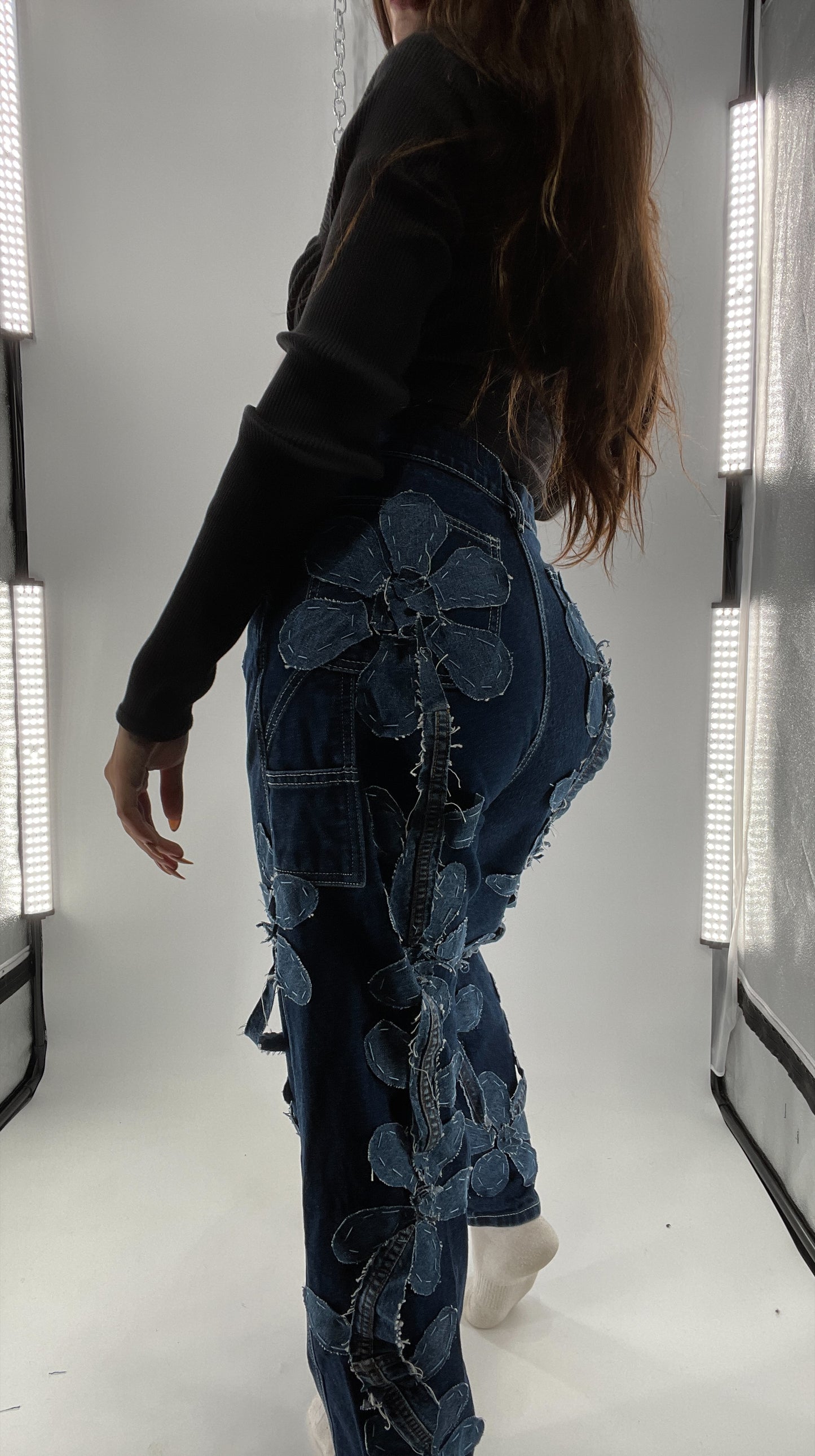 Handmade CUSTOM Dual Denim Tone Floral Vine Cargo Denims (S)