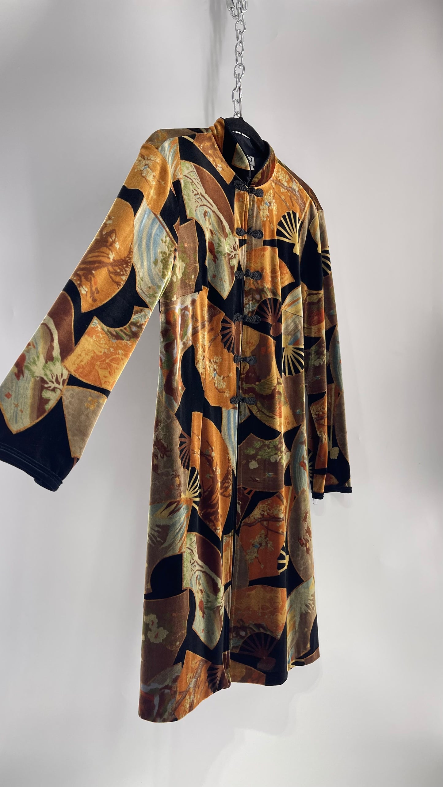 Vintage CLIO 1990s Black Velvet/Velour Fan Patterned Duster Coat (Medium)