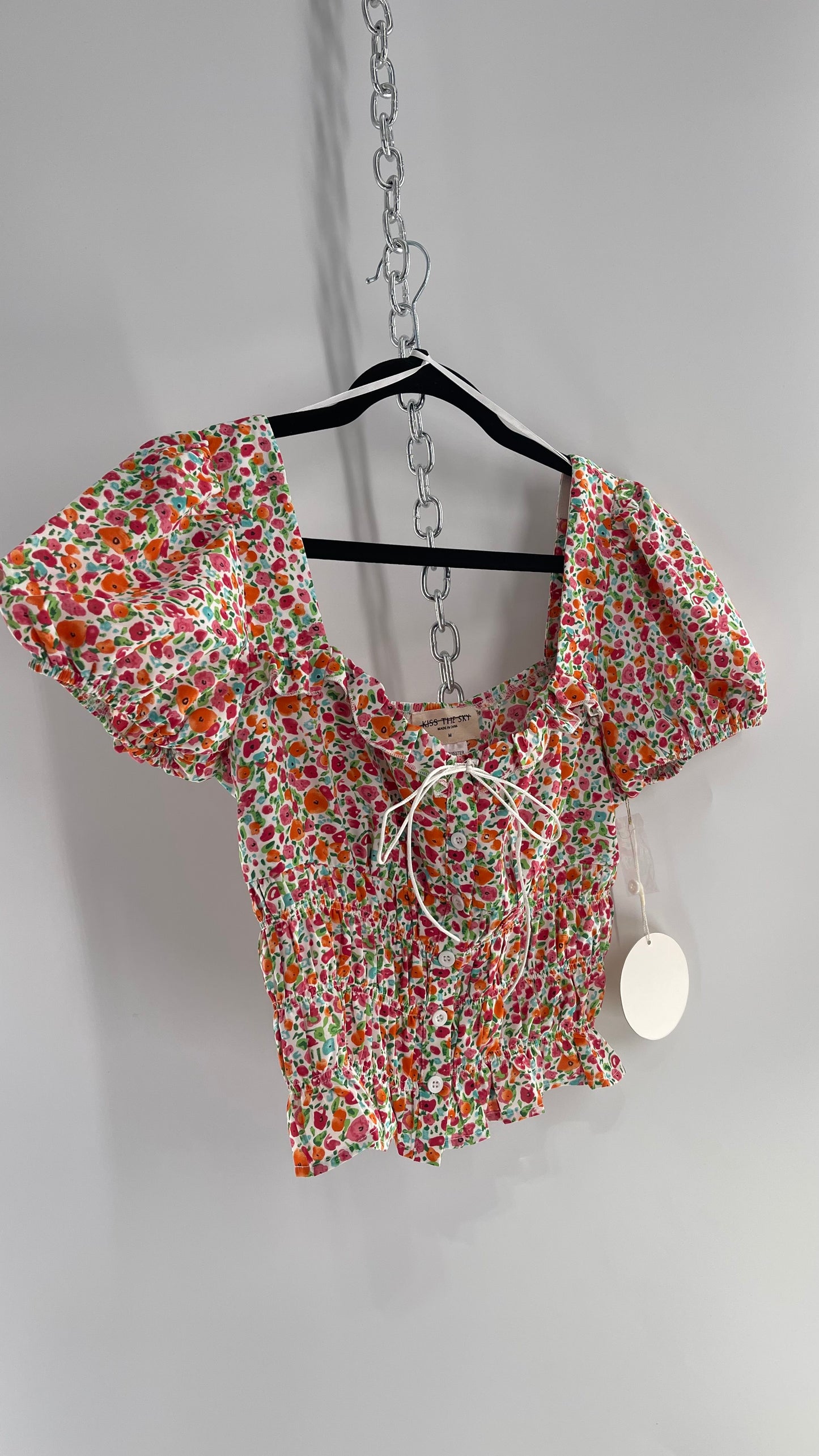 Free People Kiss The Sky Ribbon Bust Floral Prairie Top (Medium)