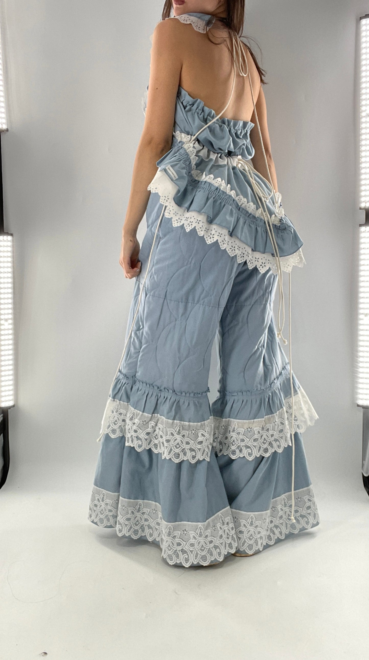 Vintage 2 Piece Powder Blue Set Featuring 2Way Blouse and Quilted Trousers Covered in Ruffles, Lace and Trim (One Size)