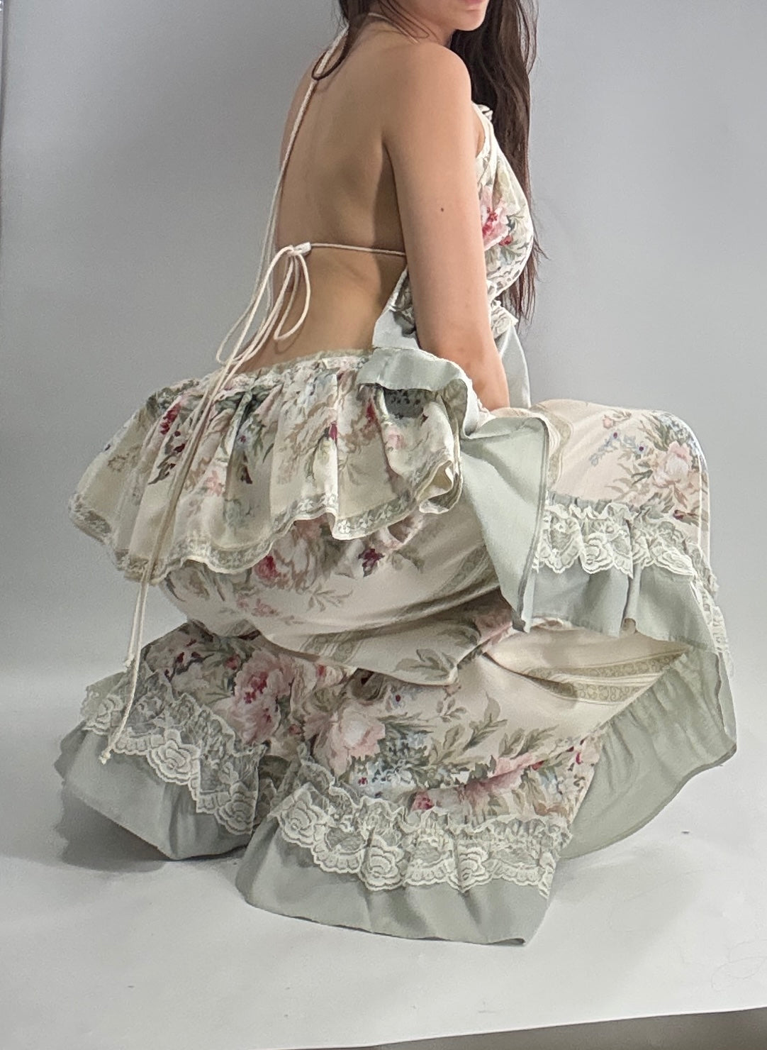Handmade Vintage Muted Florals Two Piece Set with Adjustable Waist and Bust Lines (XS-XL)