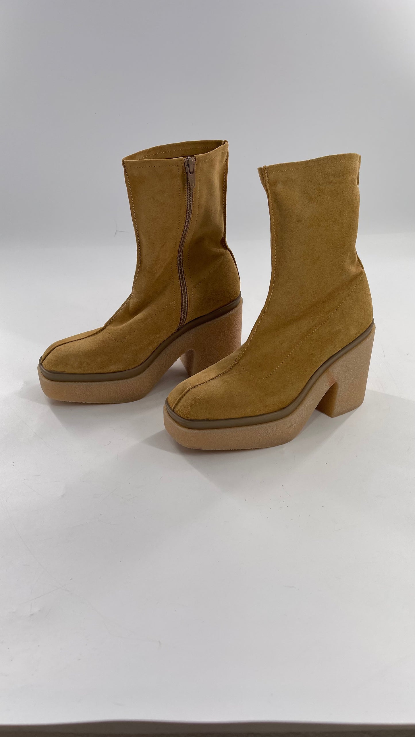 Free People Gigi Tan Suede Ankle Boots with Platform and Chunky Rubber Heel (38.5)