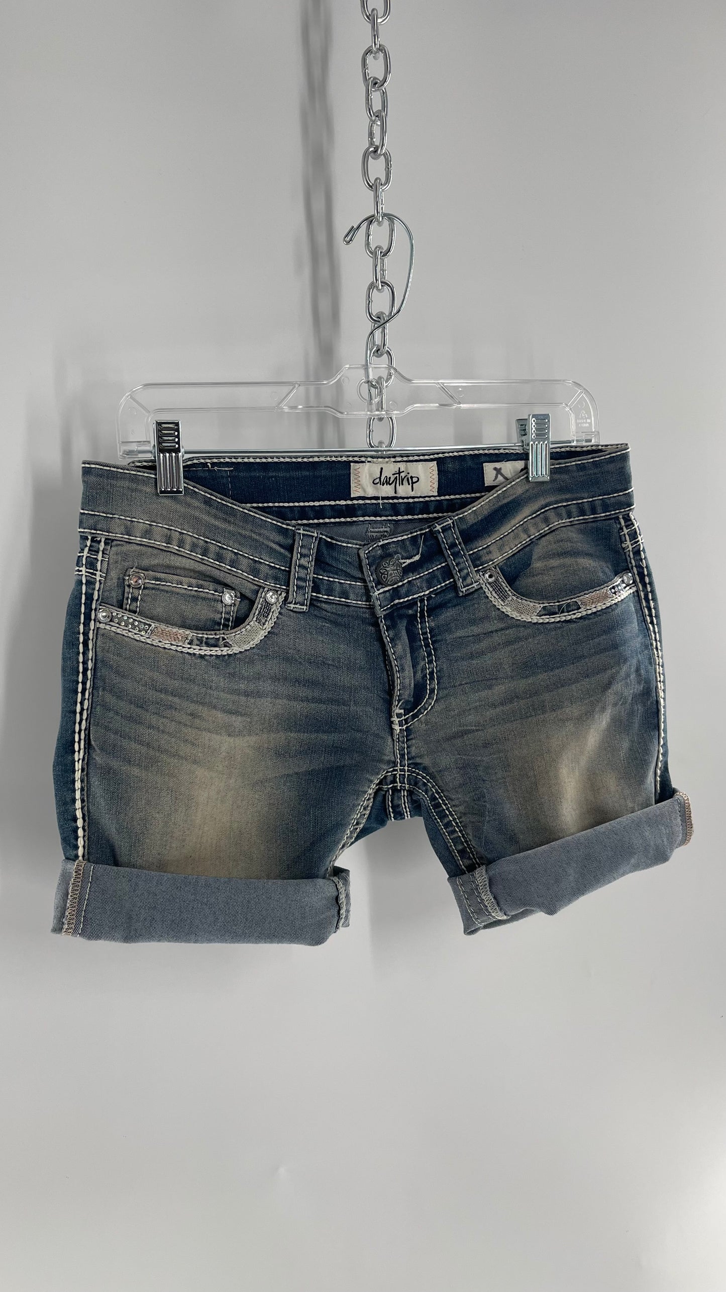 DayTrip Aries Light Wash Faded Denim Jean Shorts with Rhinestone Detailing (28)
