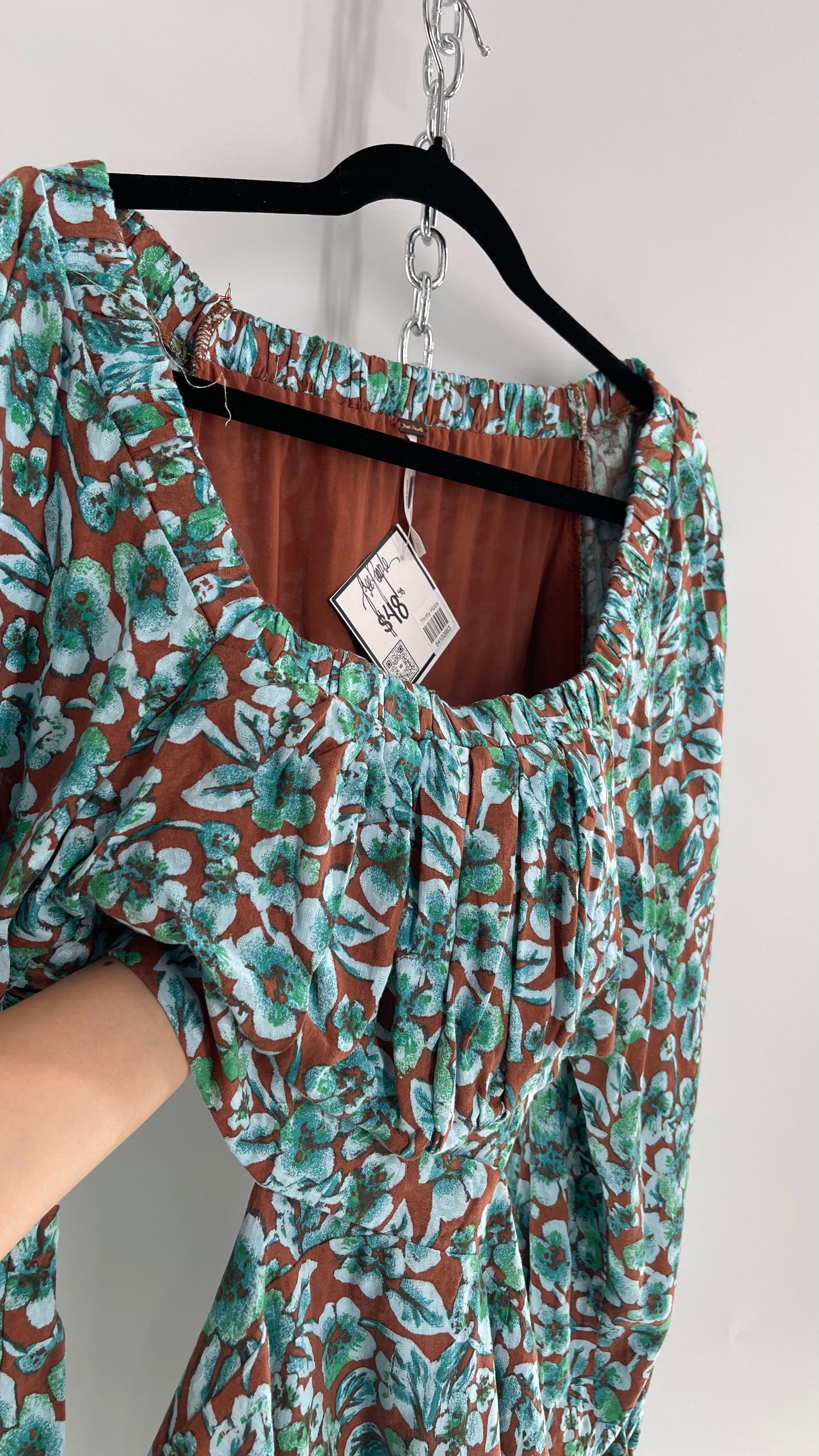 Free People Brown Cut Out Milkmaid Mini with Blue Florals (Medium)