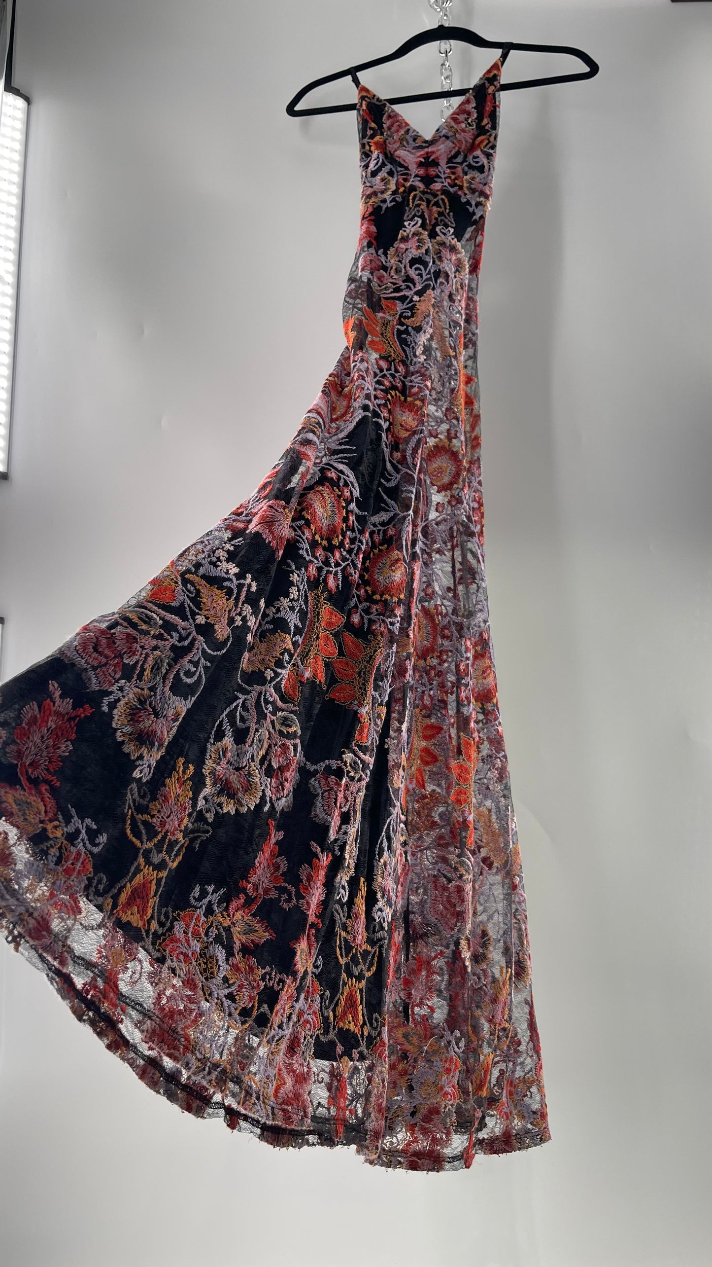 Free People Black Fall Toned Floral Embroidered Tule Sleeveless Maxi Dress (2)