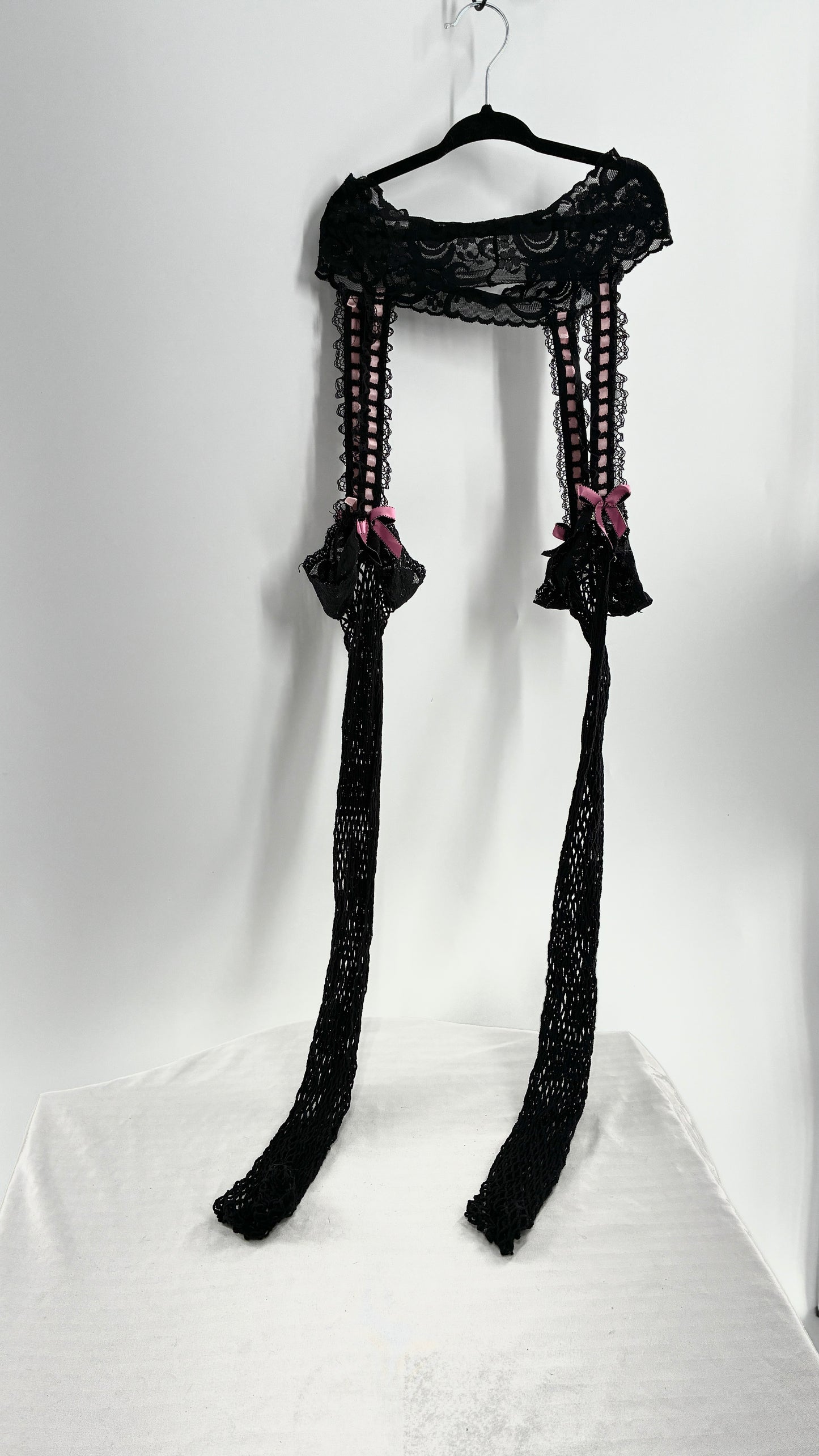 Vintage Black Mesh Garter Tights with Pink Ribbons, Lace, and Bows (One Size)