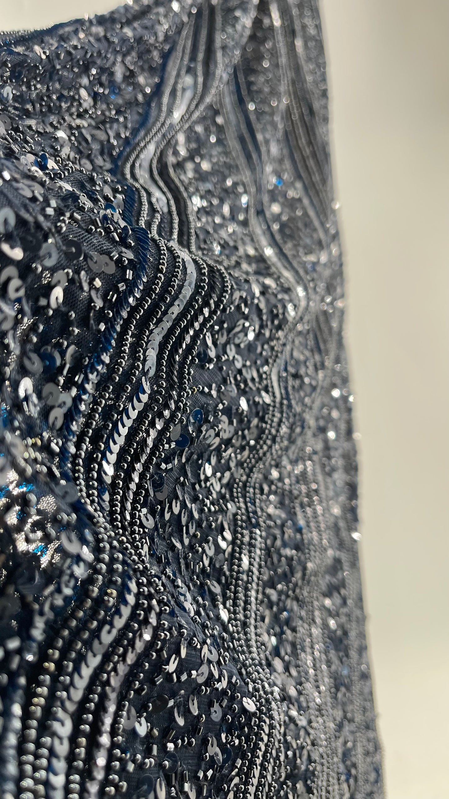 Vintage SCALA Navy Blue Beaded Floor Length Gown with Plunging Neckline, Backless Detail, and Tan Underlay (C)(4)