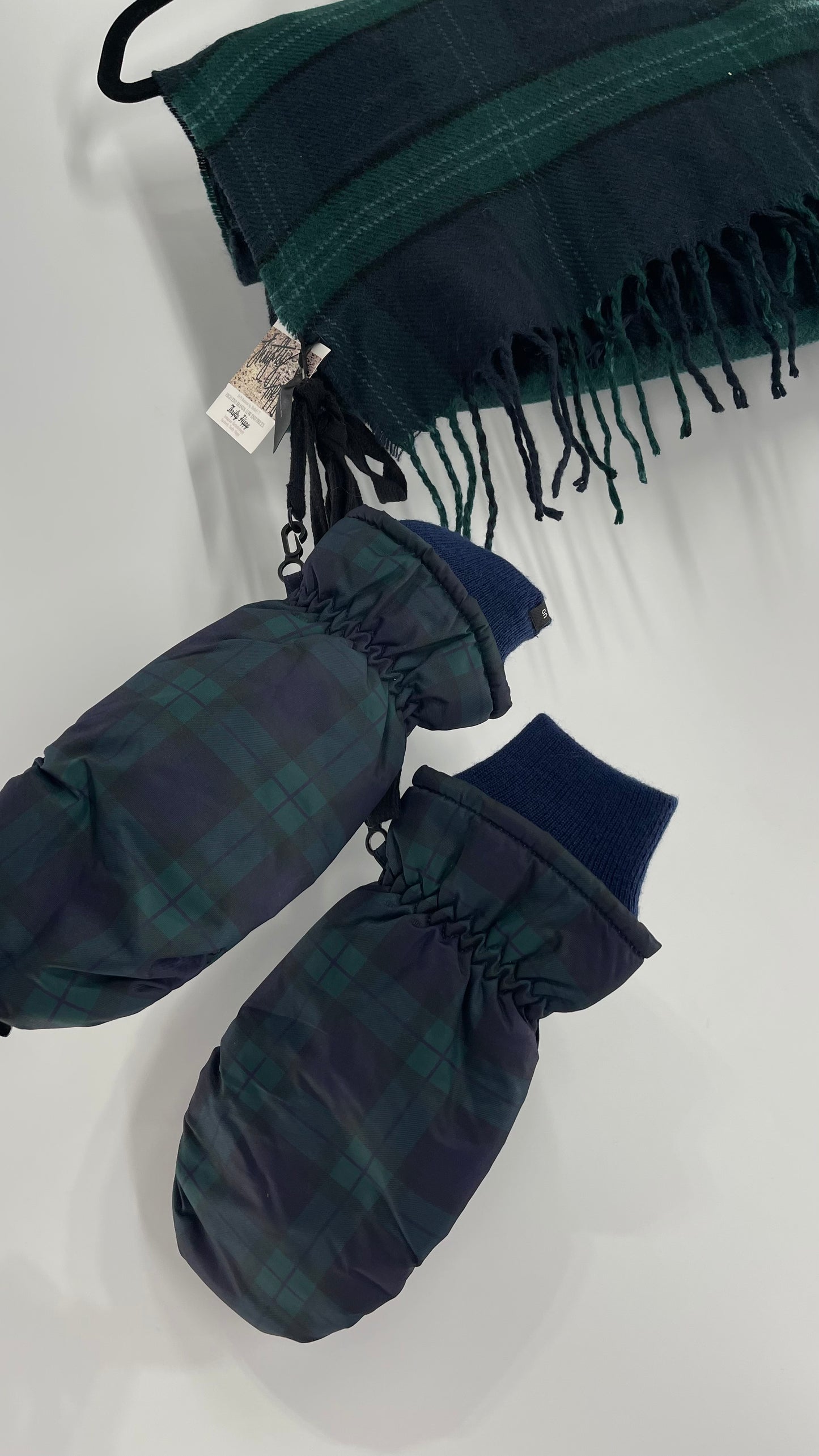 Urban Outfitters Plaid Navy Green Scarf and Matching Glove Set