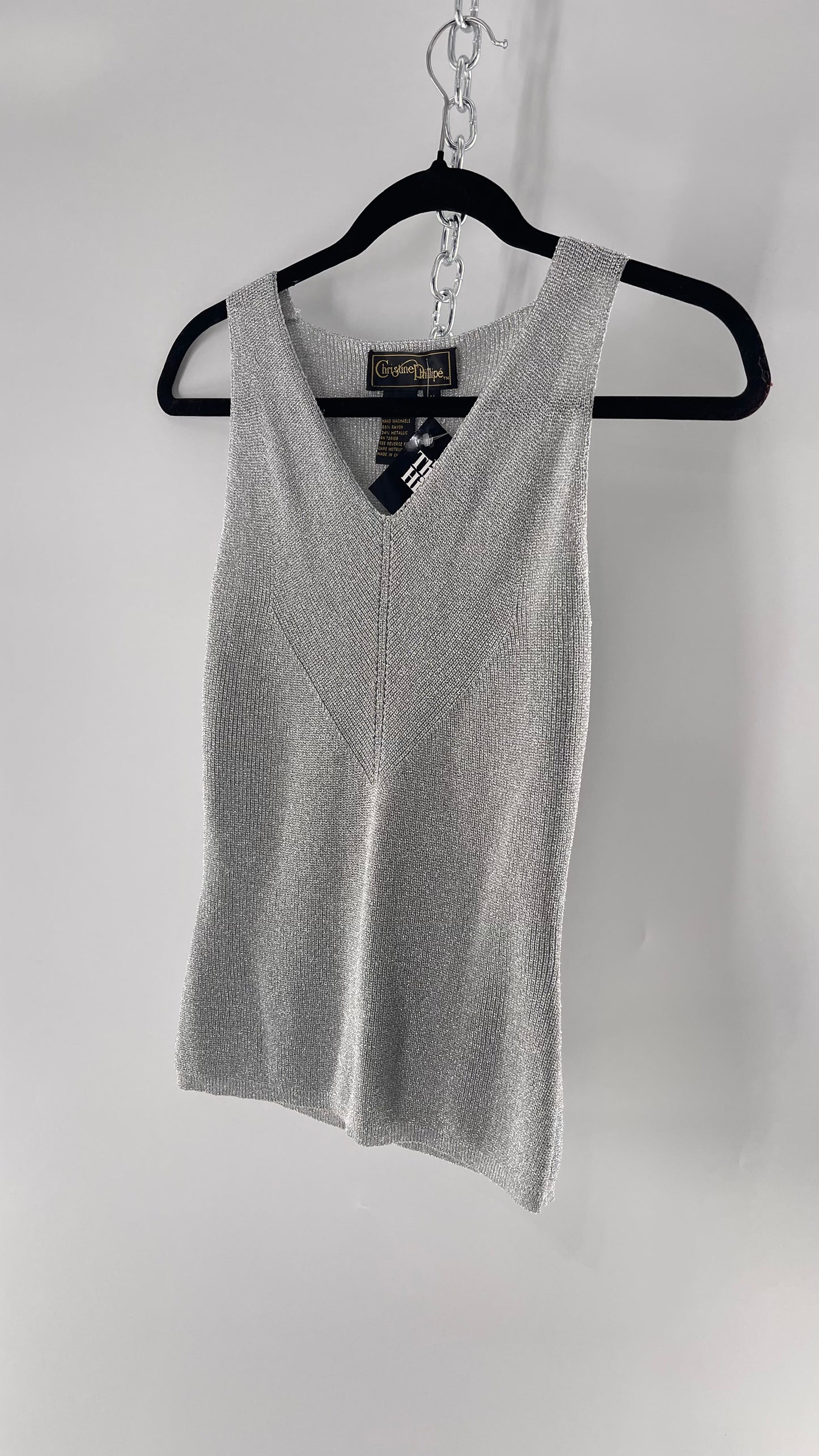 Vintage Christine Phillipe Vintage Metallic Silver Tinsel Knit Tank (Medium)
