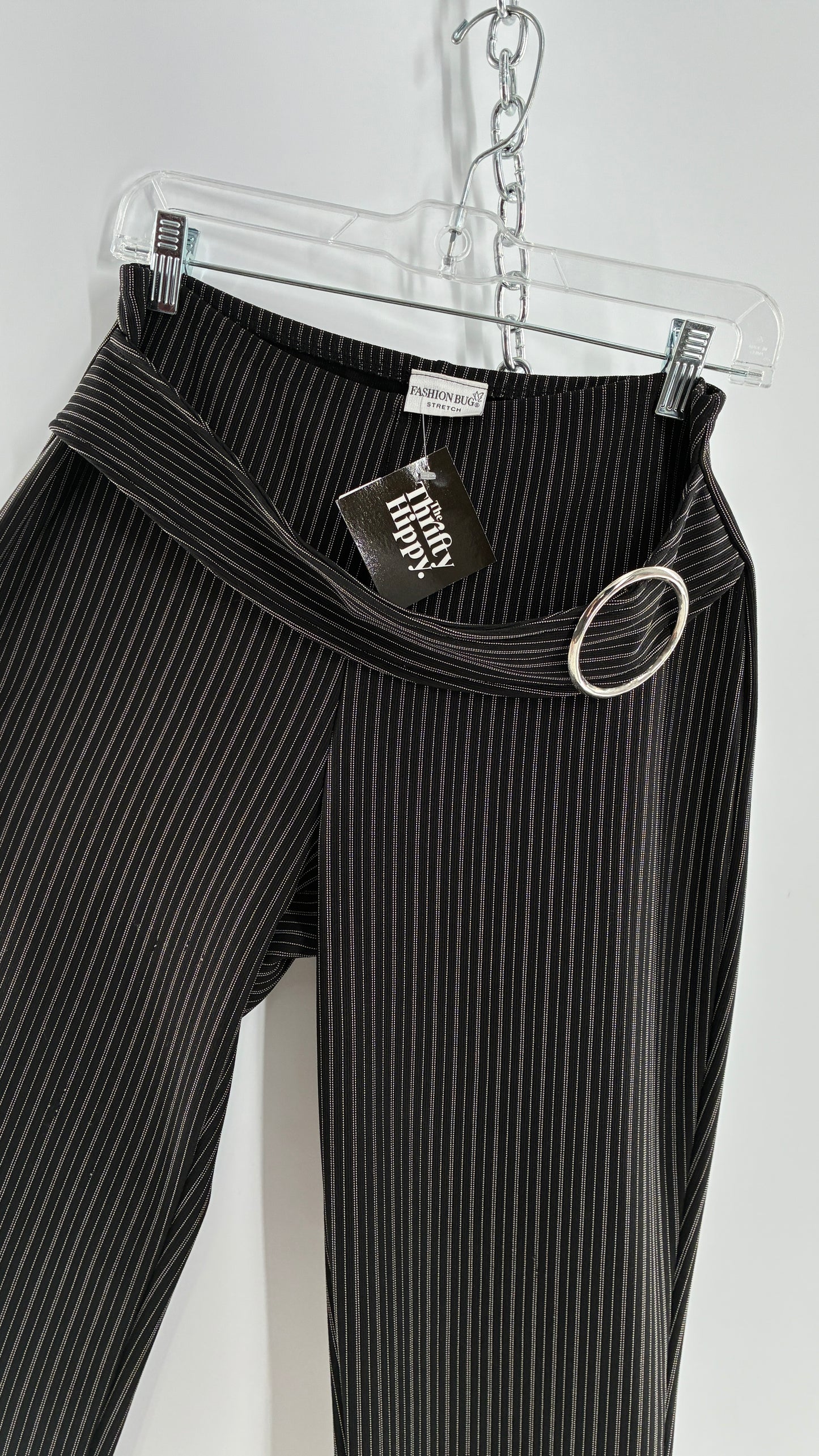 Vintage FASHION BUG Low Rise Black Striped Kick Flares with Silver Buckle Belt 1990s (6)