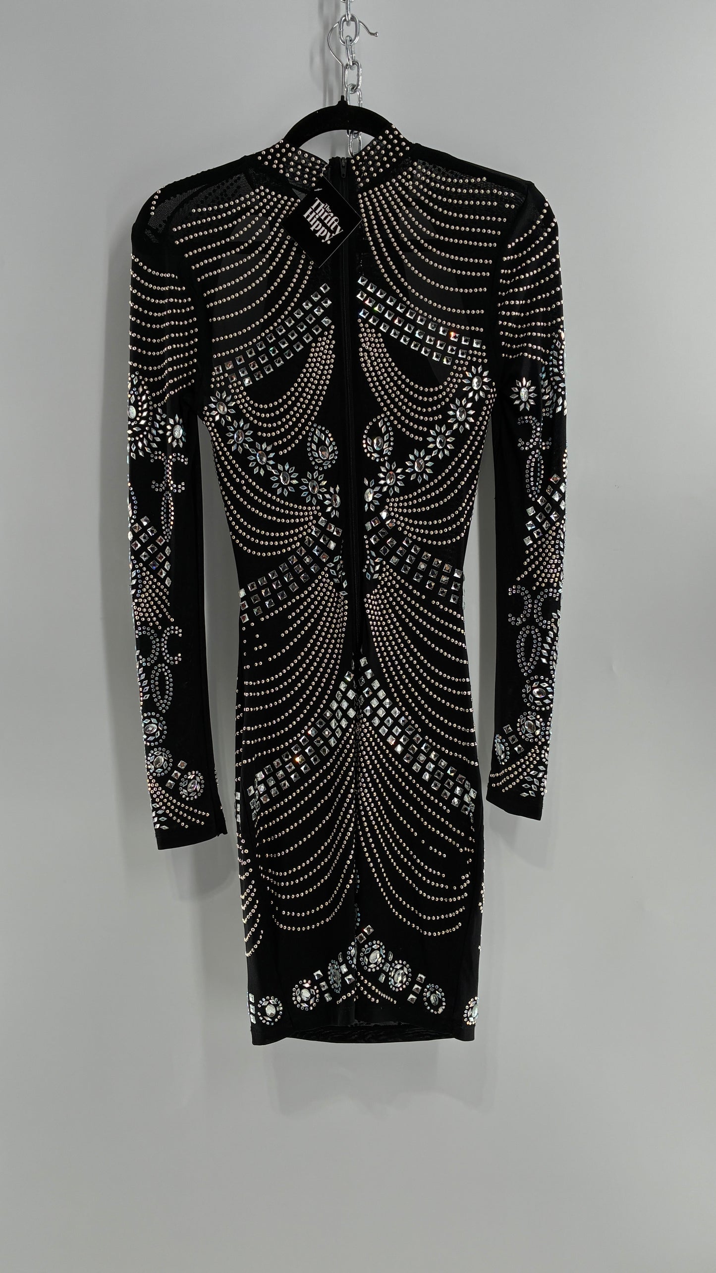 Black Bedazzled Mini Dress with Cut Out Details Covered in Gems (Small)