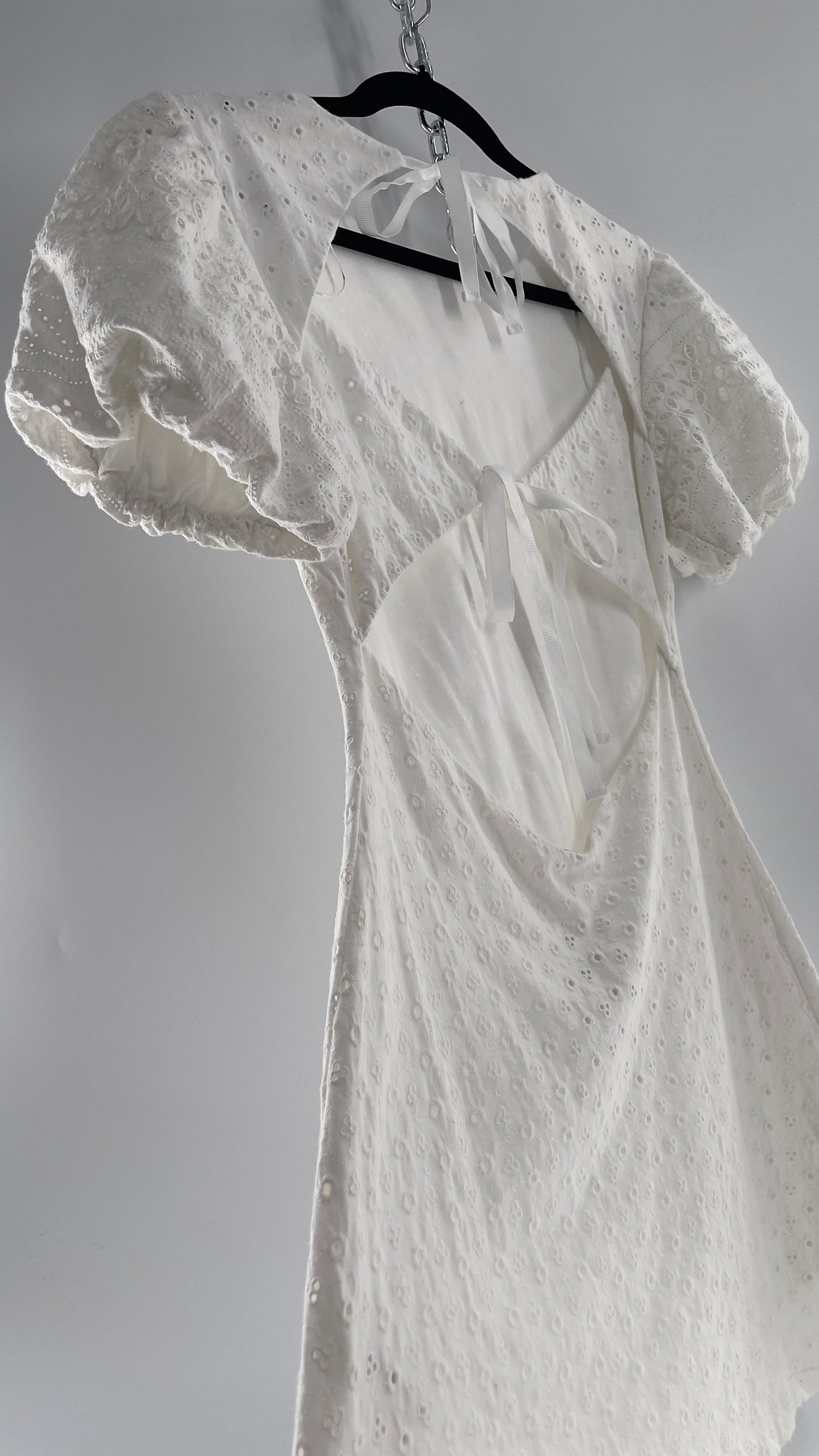 Free People White Eyelet Mini Dress with Puff Sleeve and Open Back (XS)