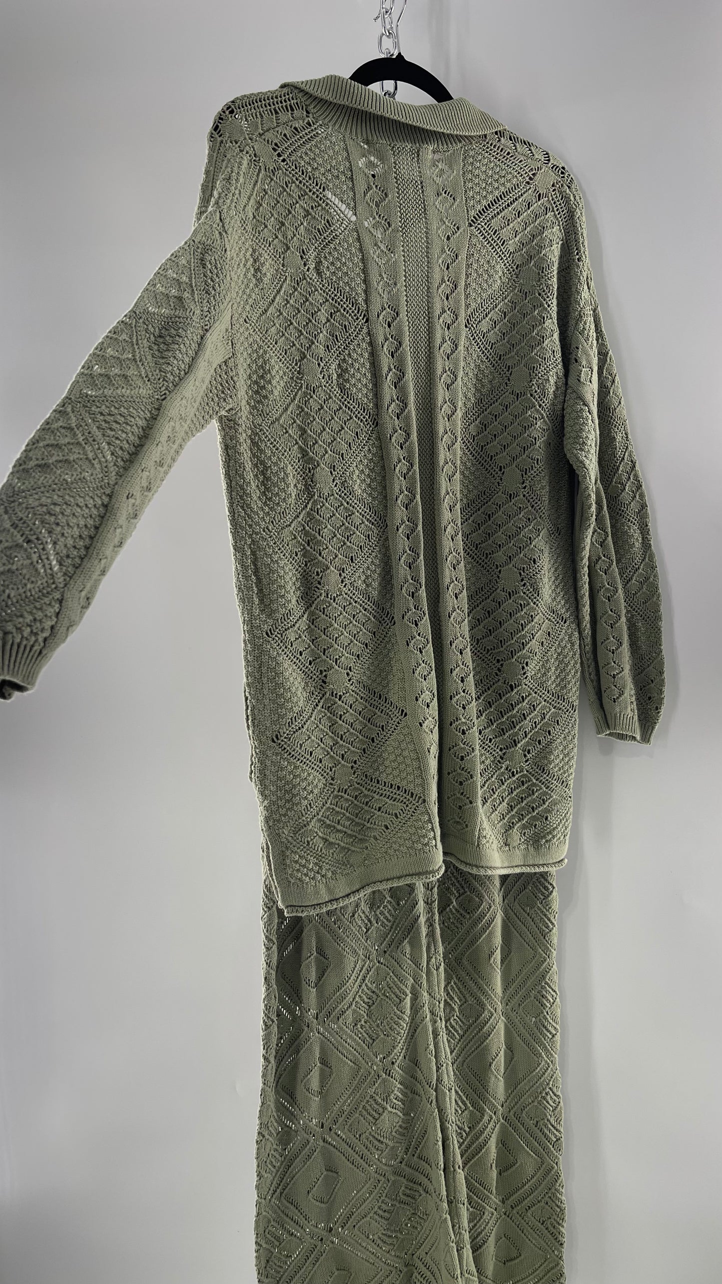 Free People Beach Sage Green Crochet Wooden Button Front Cardigan and Wide Leg Set (Medium)