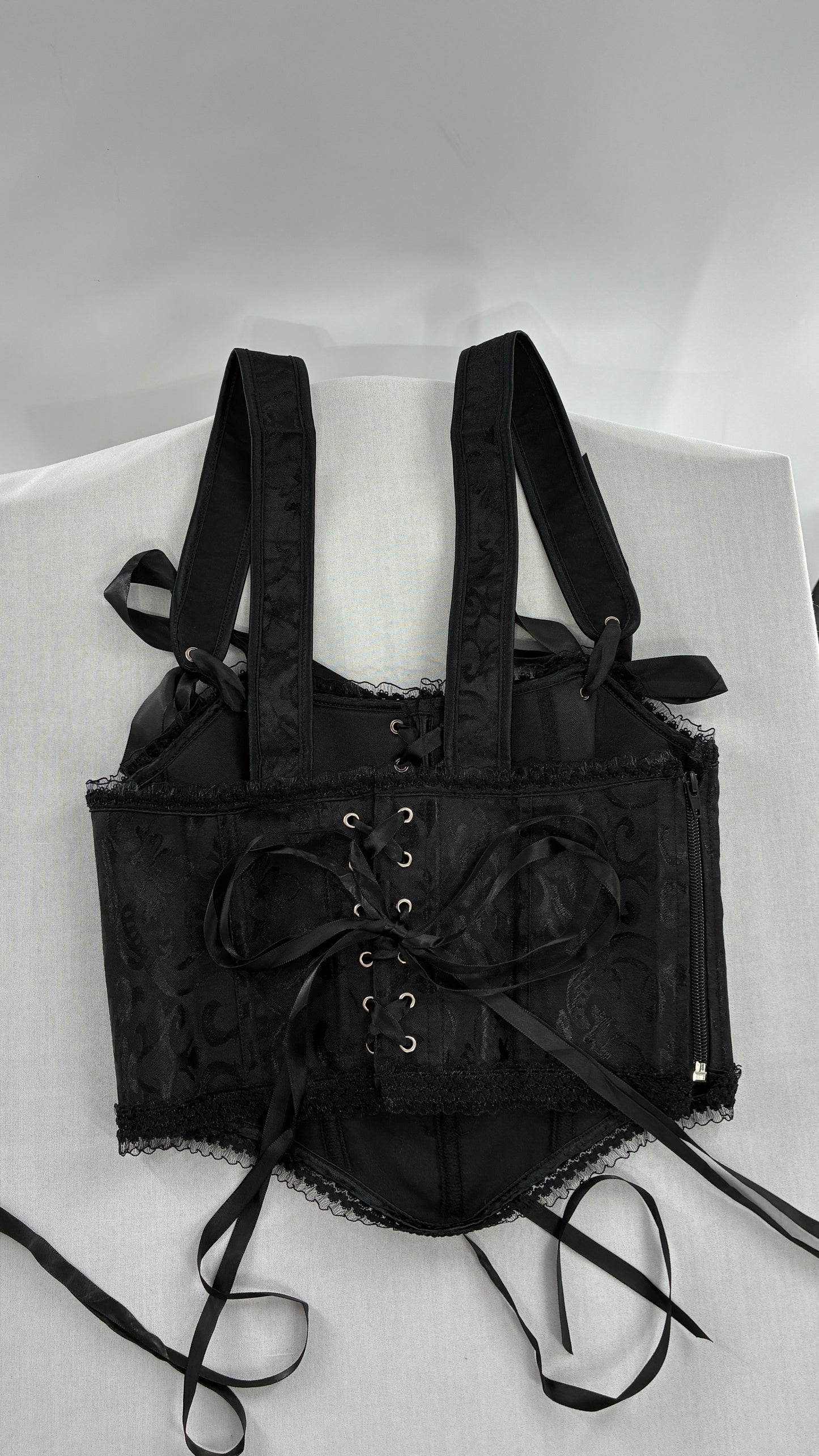 Custom Black Jacquard Corset, Handmade with Heart Appliqué, Bows, Embroidery, Gemstones, Lace and Ruffles (S/M)
