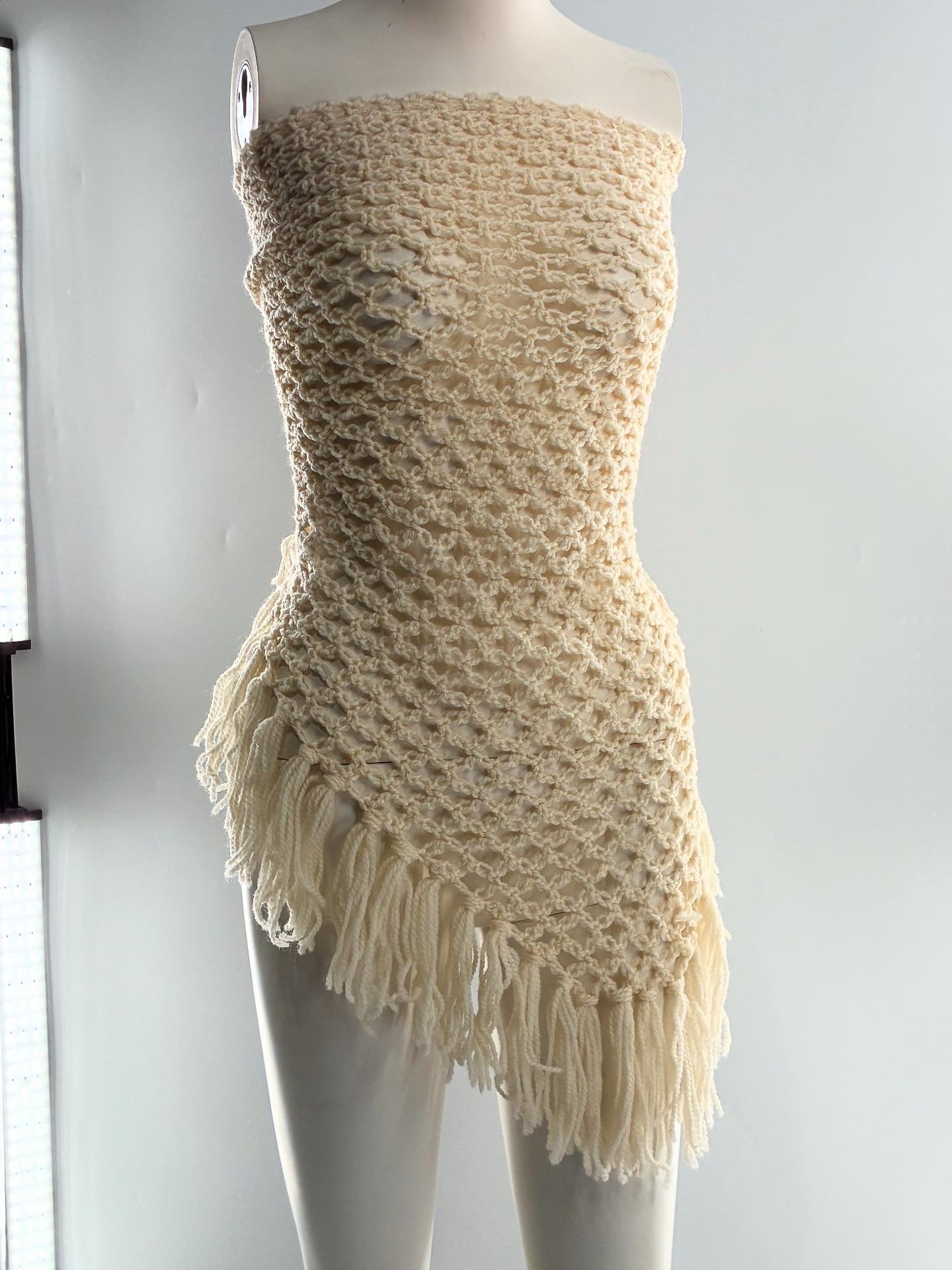 Vintage Off White Fish Net Scarf with Tasseled Ends
