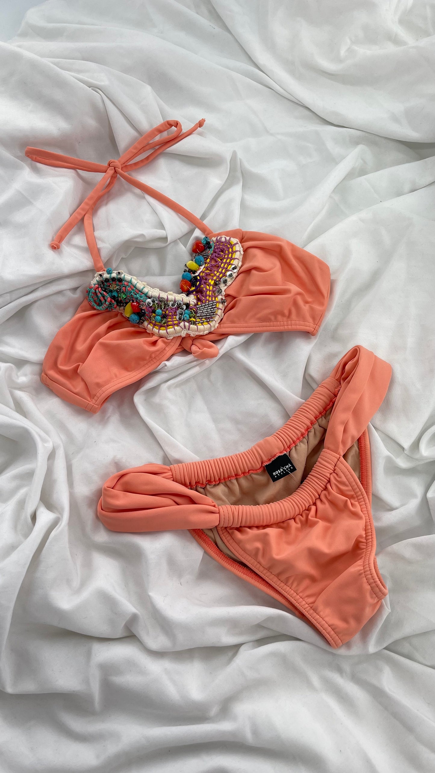 ROSA CHÁ Attelier Designer Pink/Salmon Thick Swim Set with Ruched Bottoms and Embellished Top (Small)