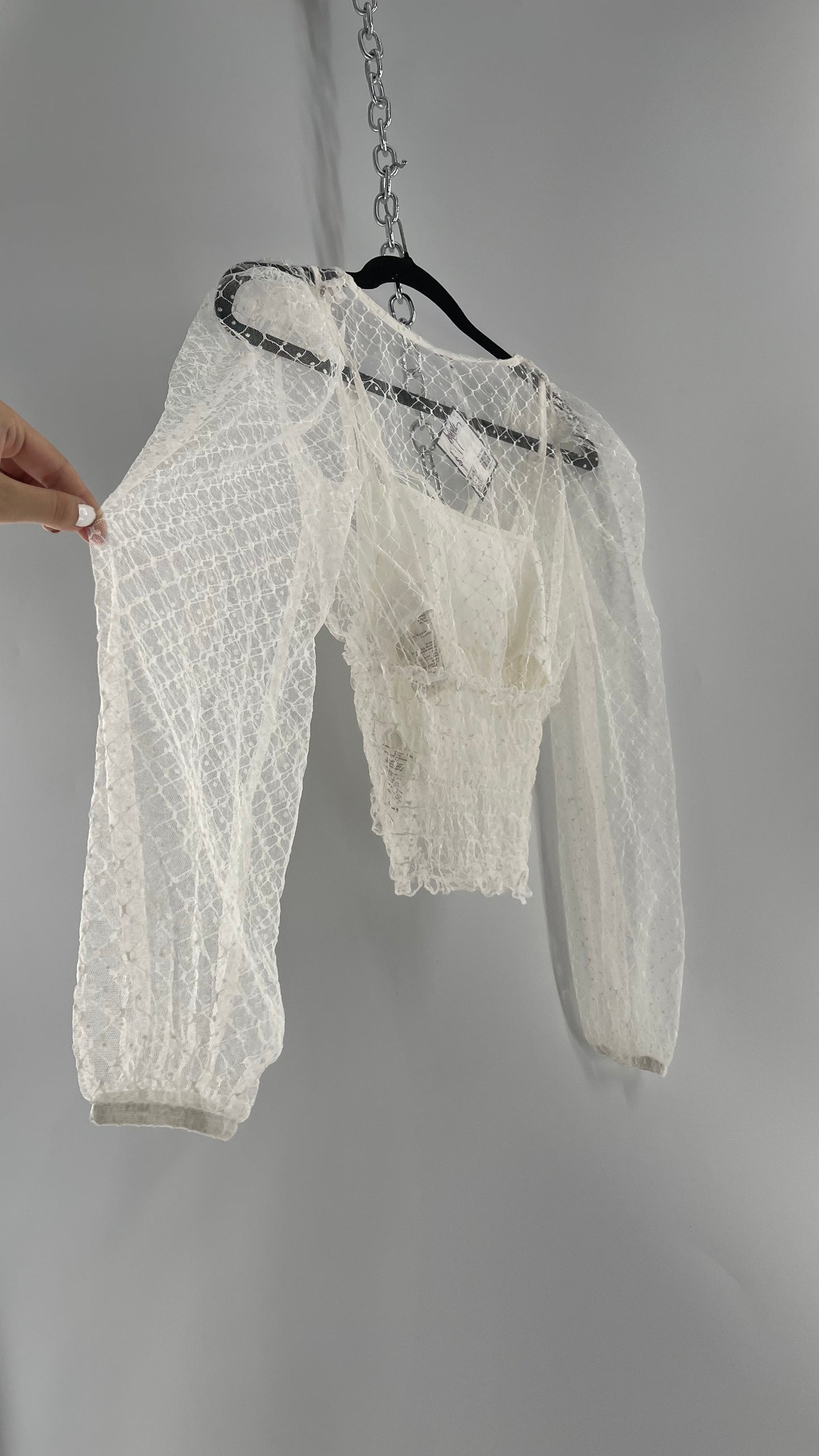 Free People White Embroidered Mesh Blouse with Keyhole Back and Balloon Sleeves (XS)