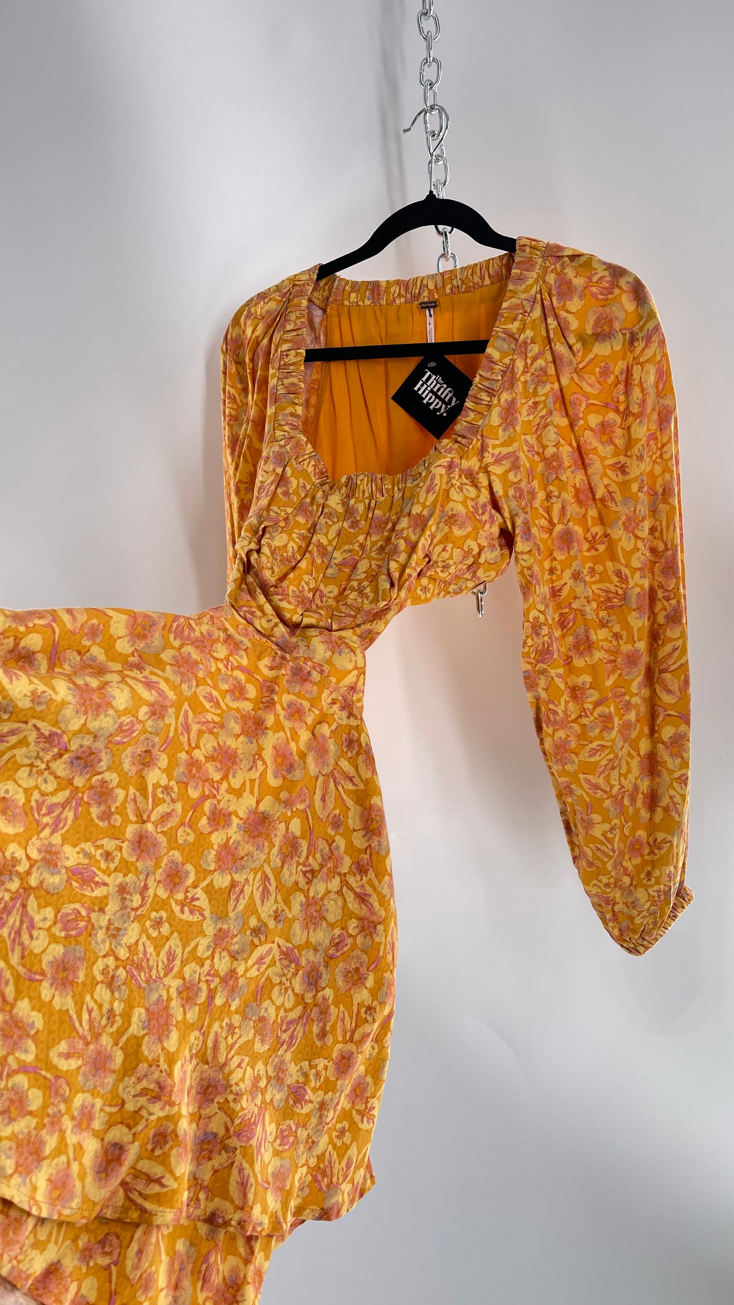 Free People Yellow Cut Out Golden Florals Dress with Ruched Bust and Balloon Sleeves (XS)