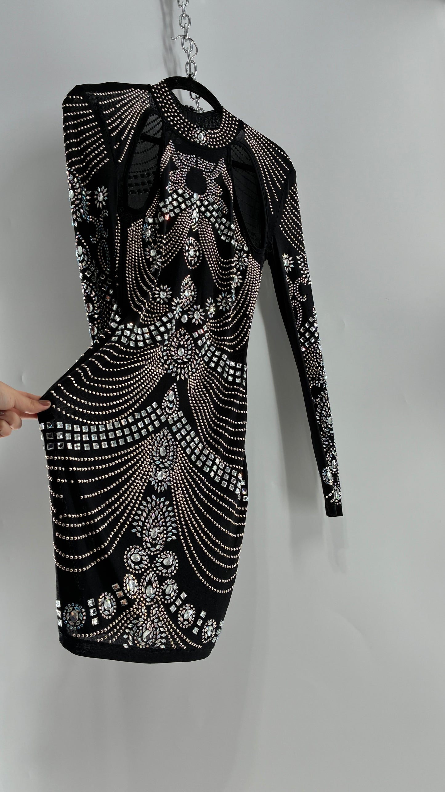 Black Bedazzled Mini Dress with Cut Out Details Covered in Gems (Small)