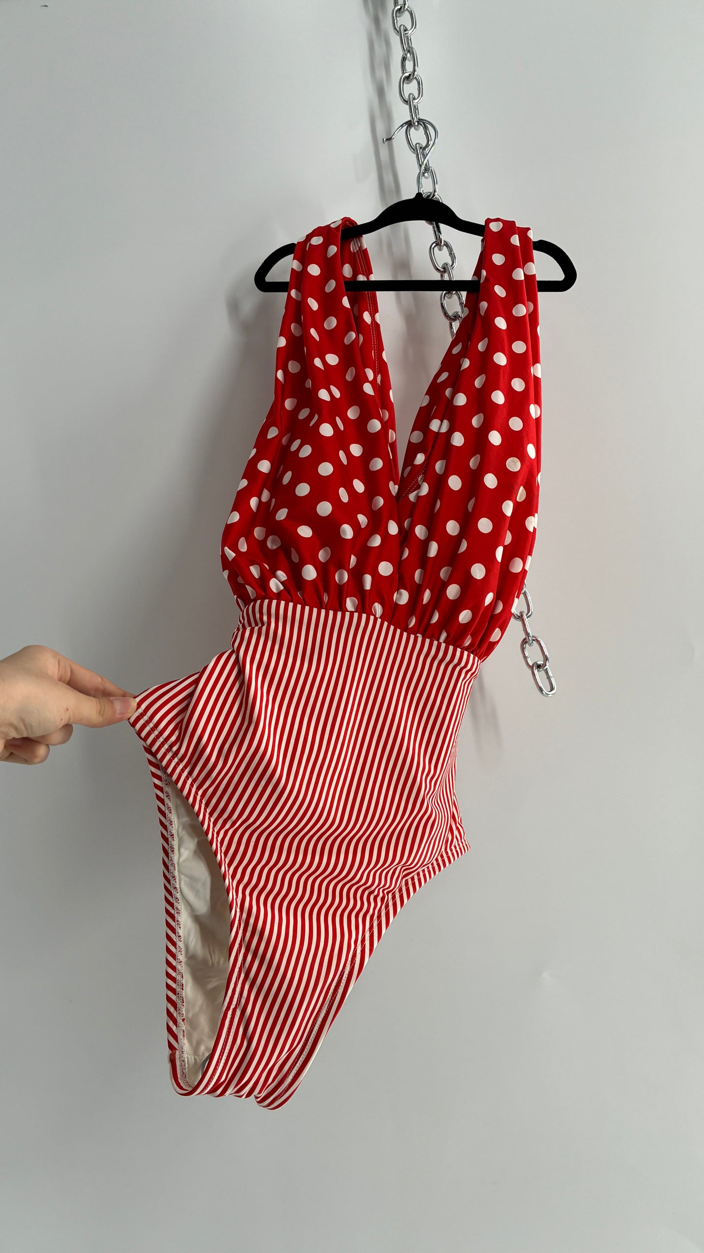 ALLIHOP Anthropologie Red and White Retro Thick Striped and Polka Dotted Bikini with Open Criss Cross Back (Small)