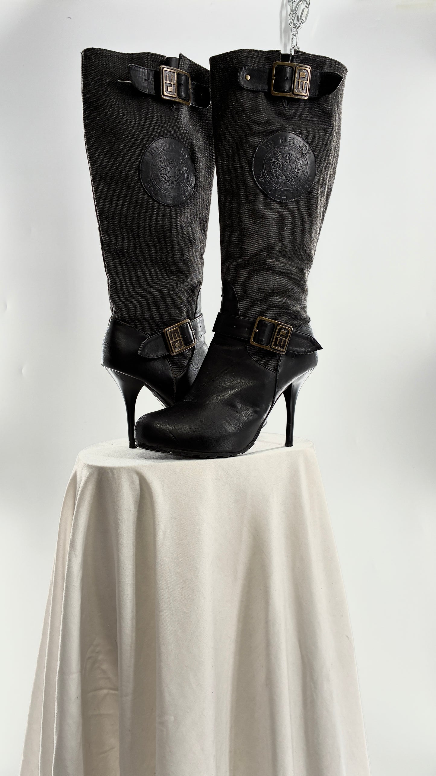 Vintage ED HARDY Stiletto Boots with Embossed Buckles and Badges (9)