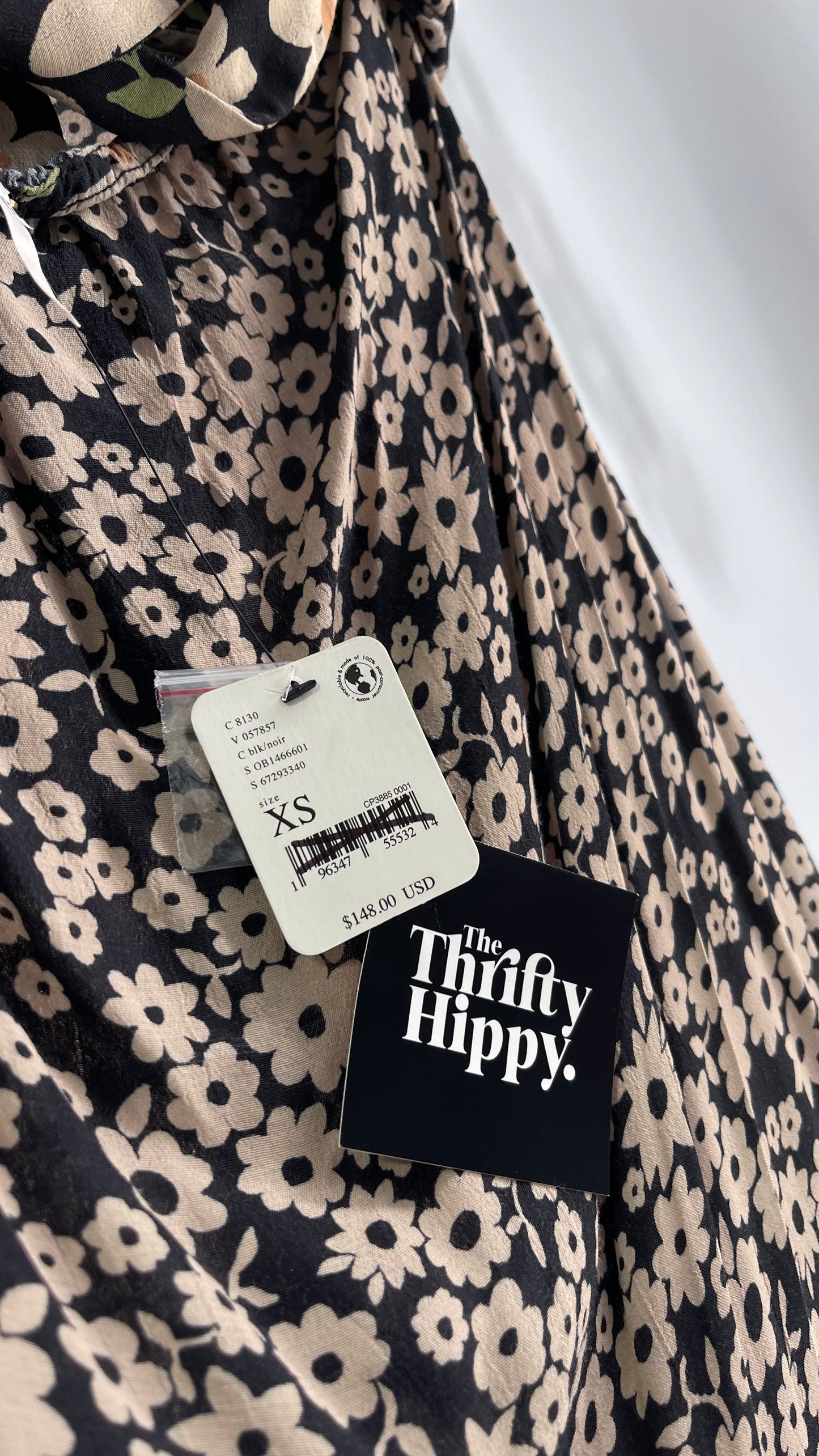 Free People Daisy Mixed Pattern Black/Beige Button Front Full Length Dress (XS)
