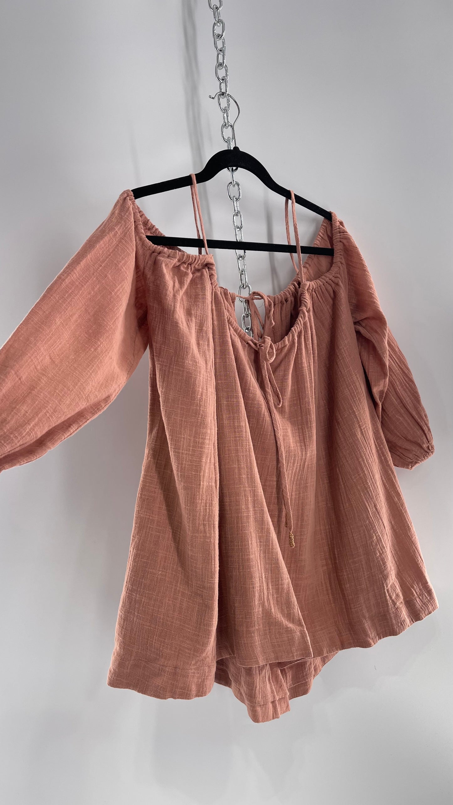 Free People Peachy Pink Coral Off the Shoulder 100% Cotton Voluminous Button Front Blouse (Small)