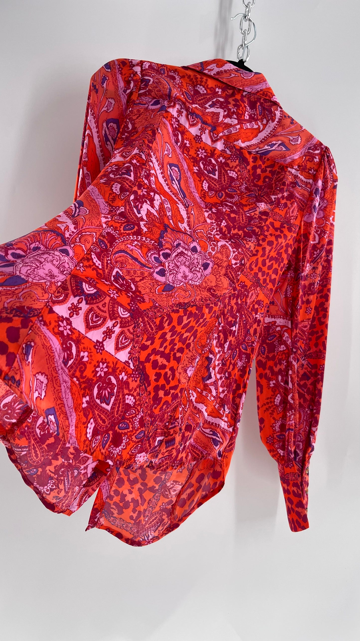 Free People Red, Neon Orange Leopard Paisley Patterned Button Front(Medium)