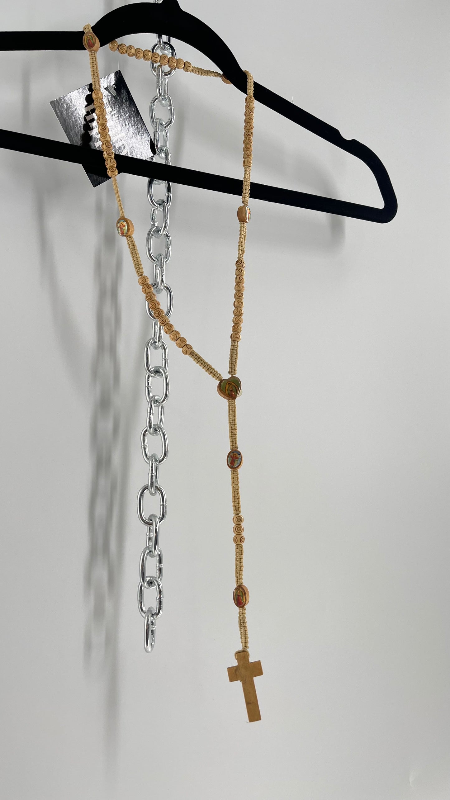 Vintage Beige Toned Rope Rosary Necklace Prayer Beads