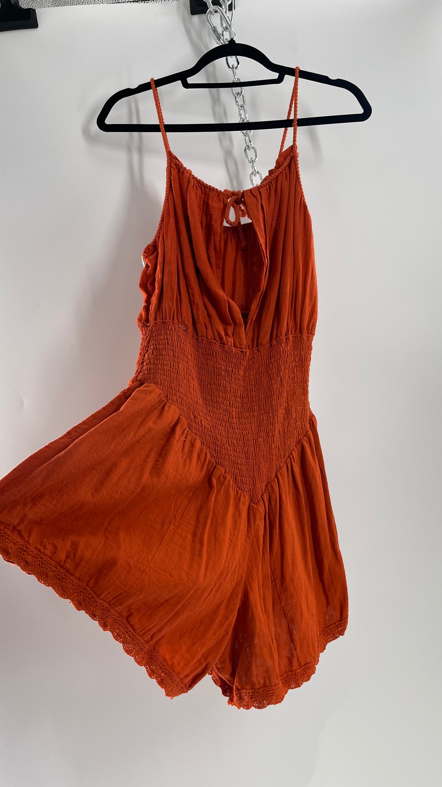 Free People Burnt Orange Smocked Pointed Waistline, Open Bust Jen’s Pirate Booty Romper Tags Attached 100% Cotton(XL)